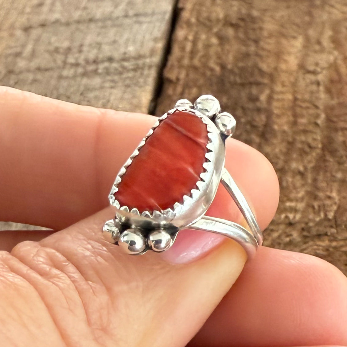 Authentic Native American Handmade Sterling Silver and Spiny Oyster Ring