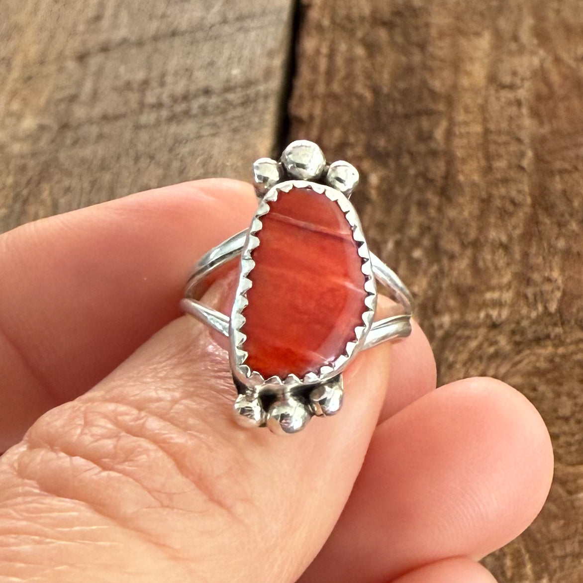 Authentic Native American Handmade Sterling Silver and Spiny Oyster Ring