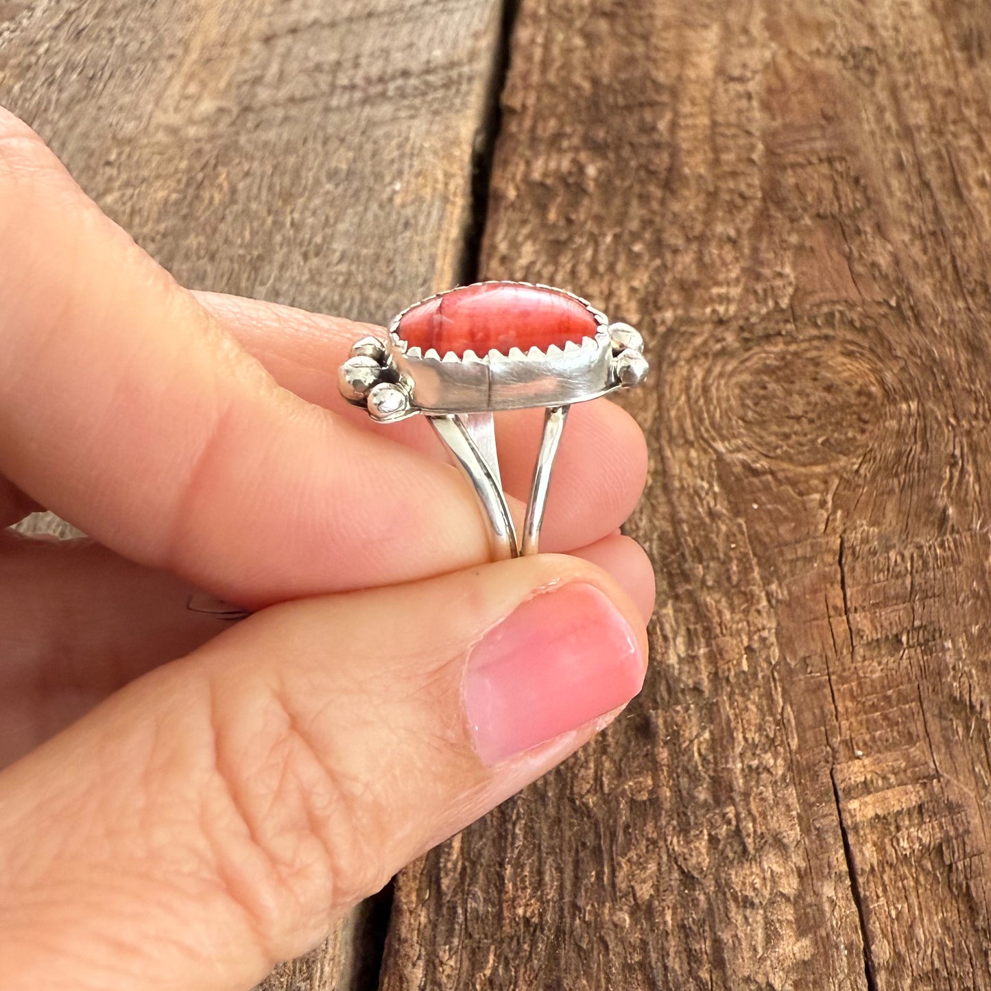 Authentic Native American Handmade Sterling Silver and Spiny Oyster Ring