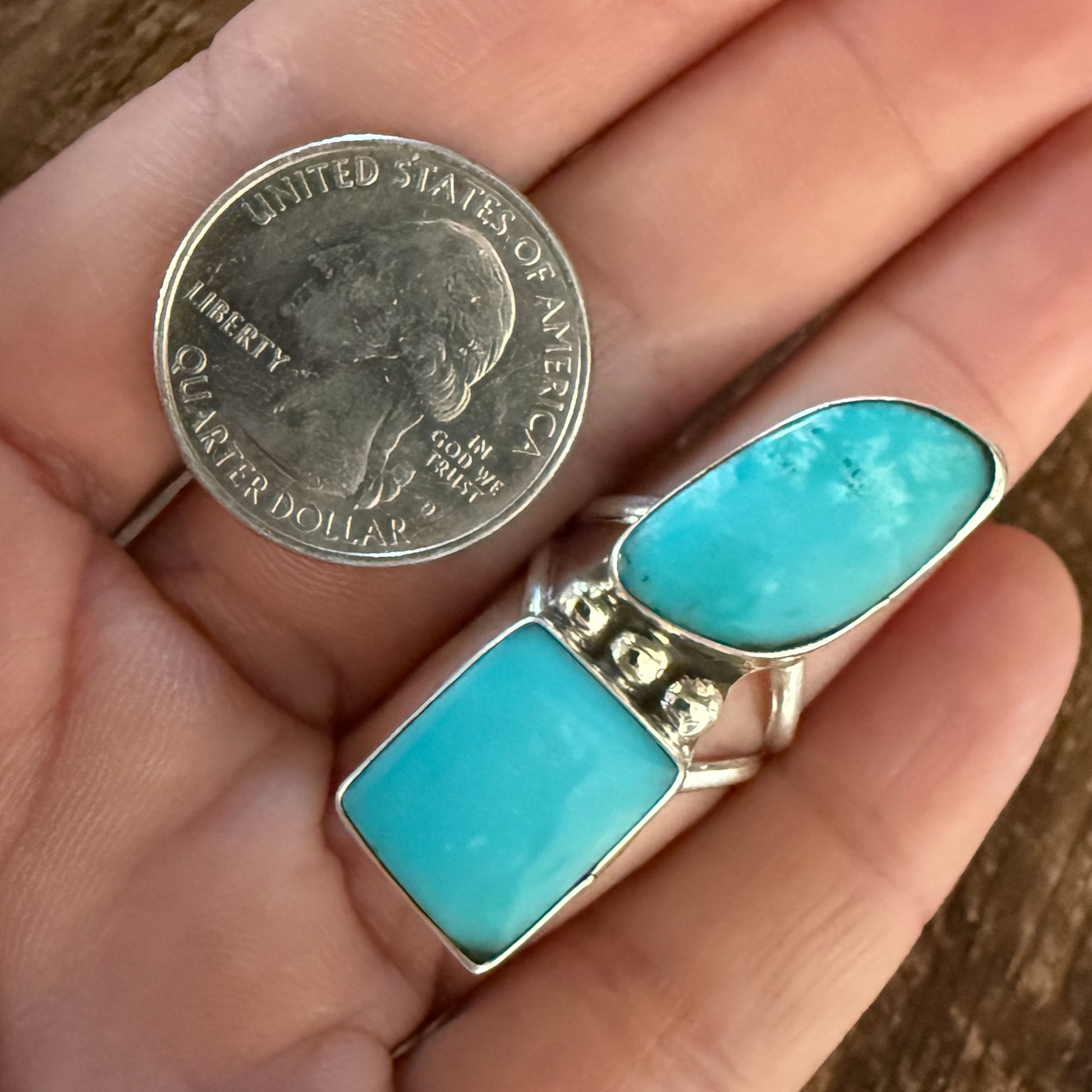 Authentic Native American handmade Sterling Silver and Turquoise double stack ring size 6 1/2.