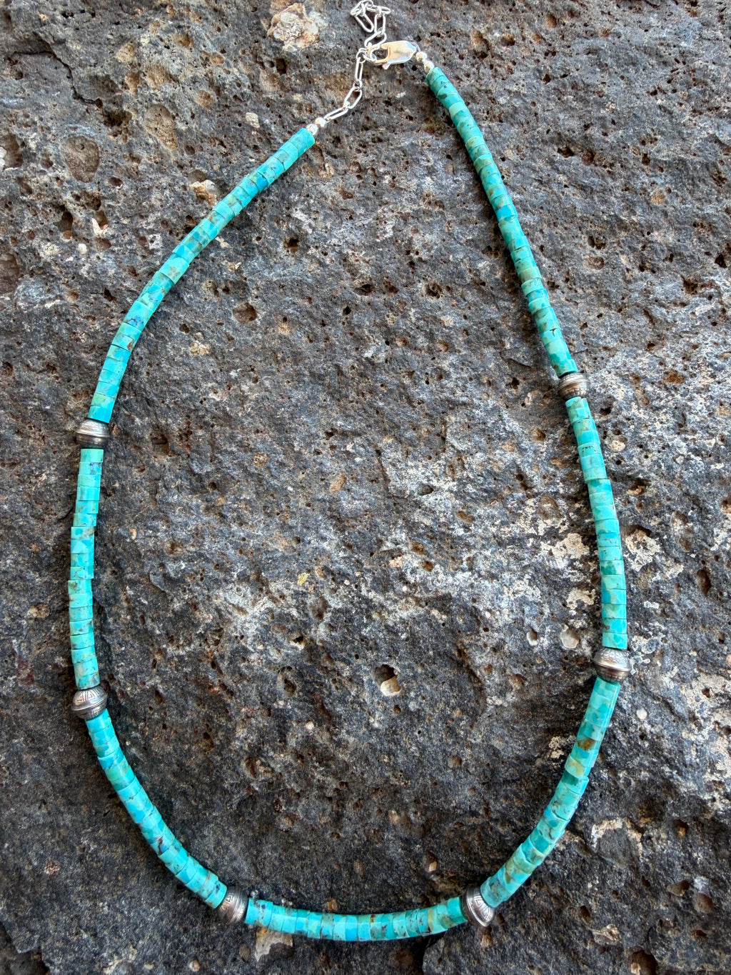 Native American Marquez Tachiini Handmade Turquoise Necklace with Sterling Navajo Beads 14-16” Adjustable Sterling Silver Clasp