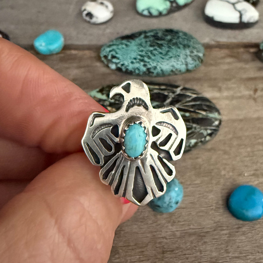 Authentic Native American Handmade Sterling Silver and Turquoise Thunderbird Ring size 5.