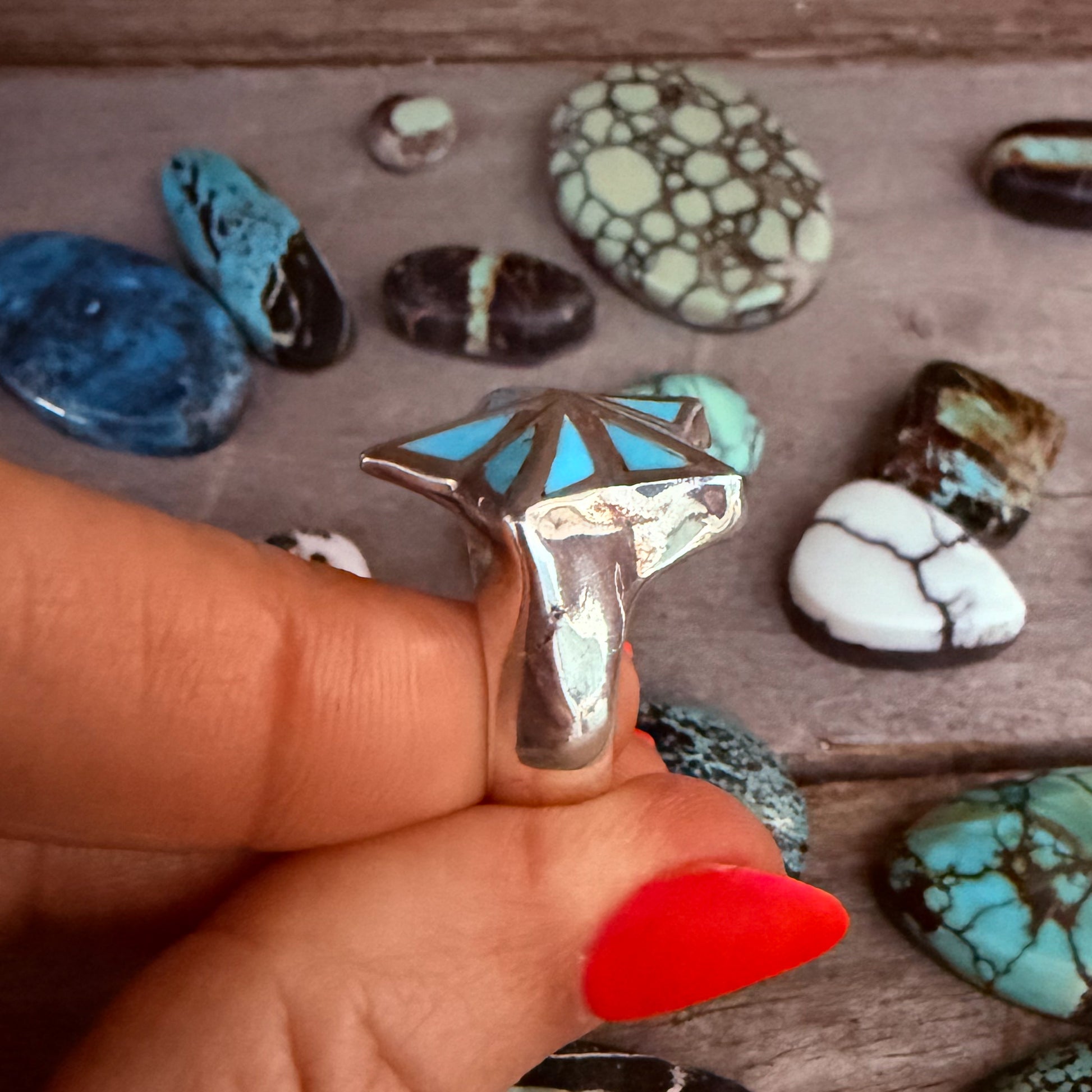 Authentic Native American Handmade Sterling Silver and Turquoise Inlay Star Ring size 9.