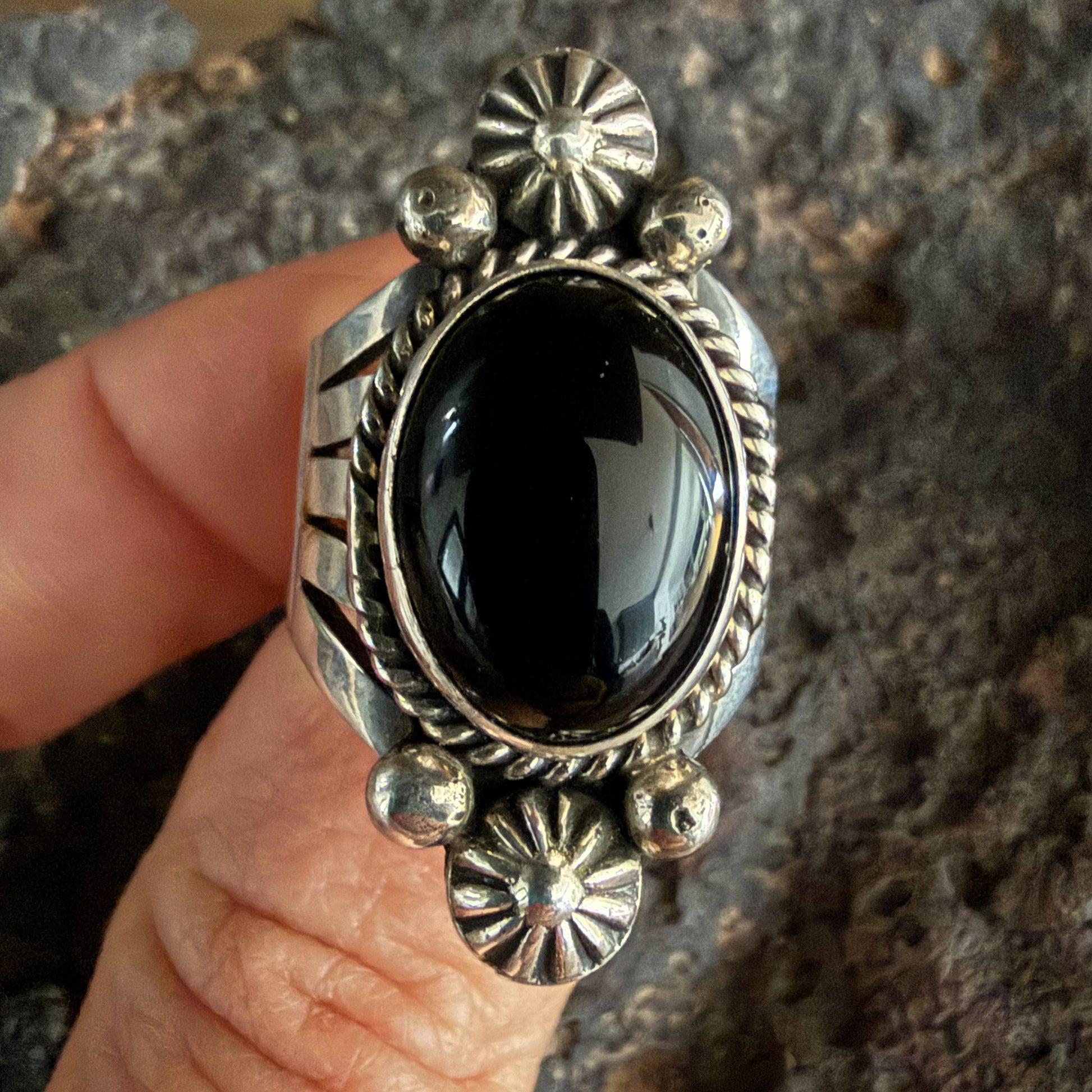 Authentic Native American Handmade Sterling Silver and Black Onyx Ring size 7 1/2.