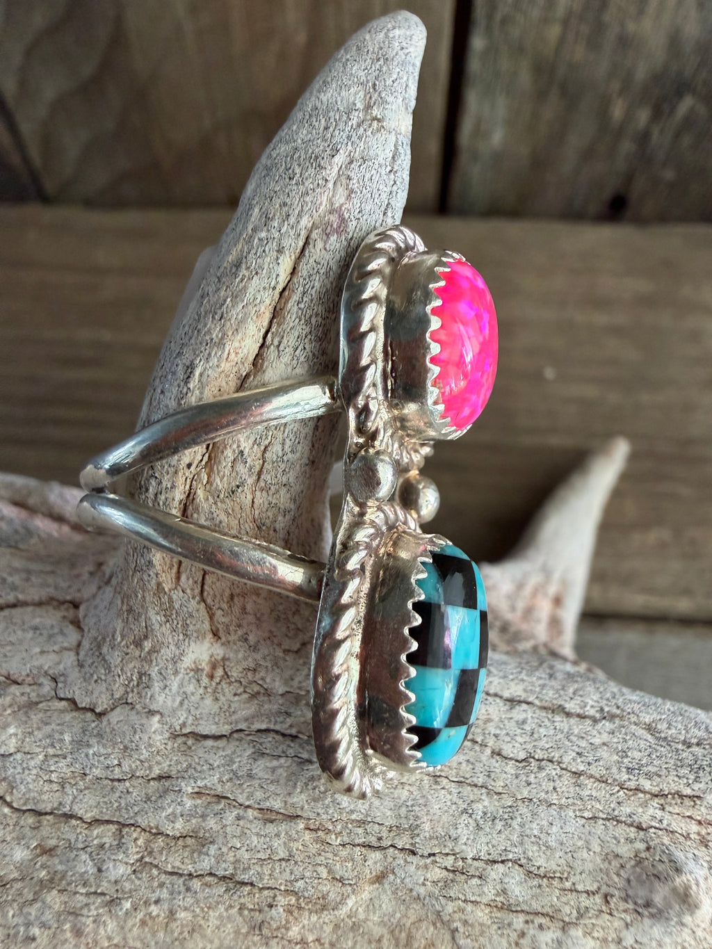 Native American Herbert Tsosie Handmade Pink Opal Ring-Sterling Silver Ring Size 8.25