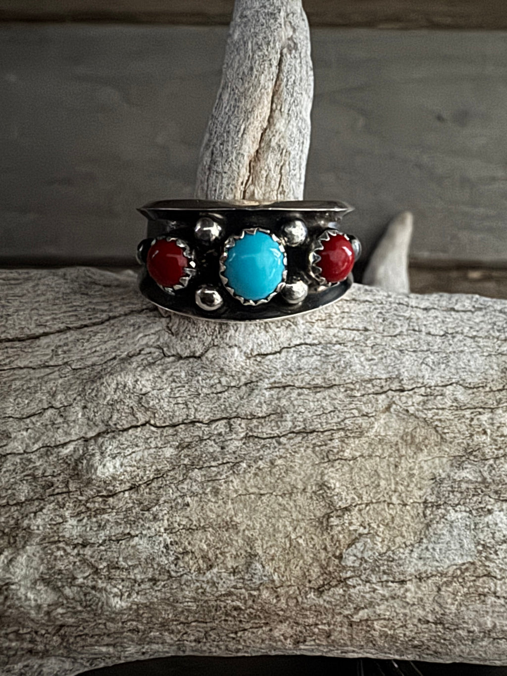 Handmade Turquoise-Coral Custom Silver Ring Size 11