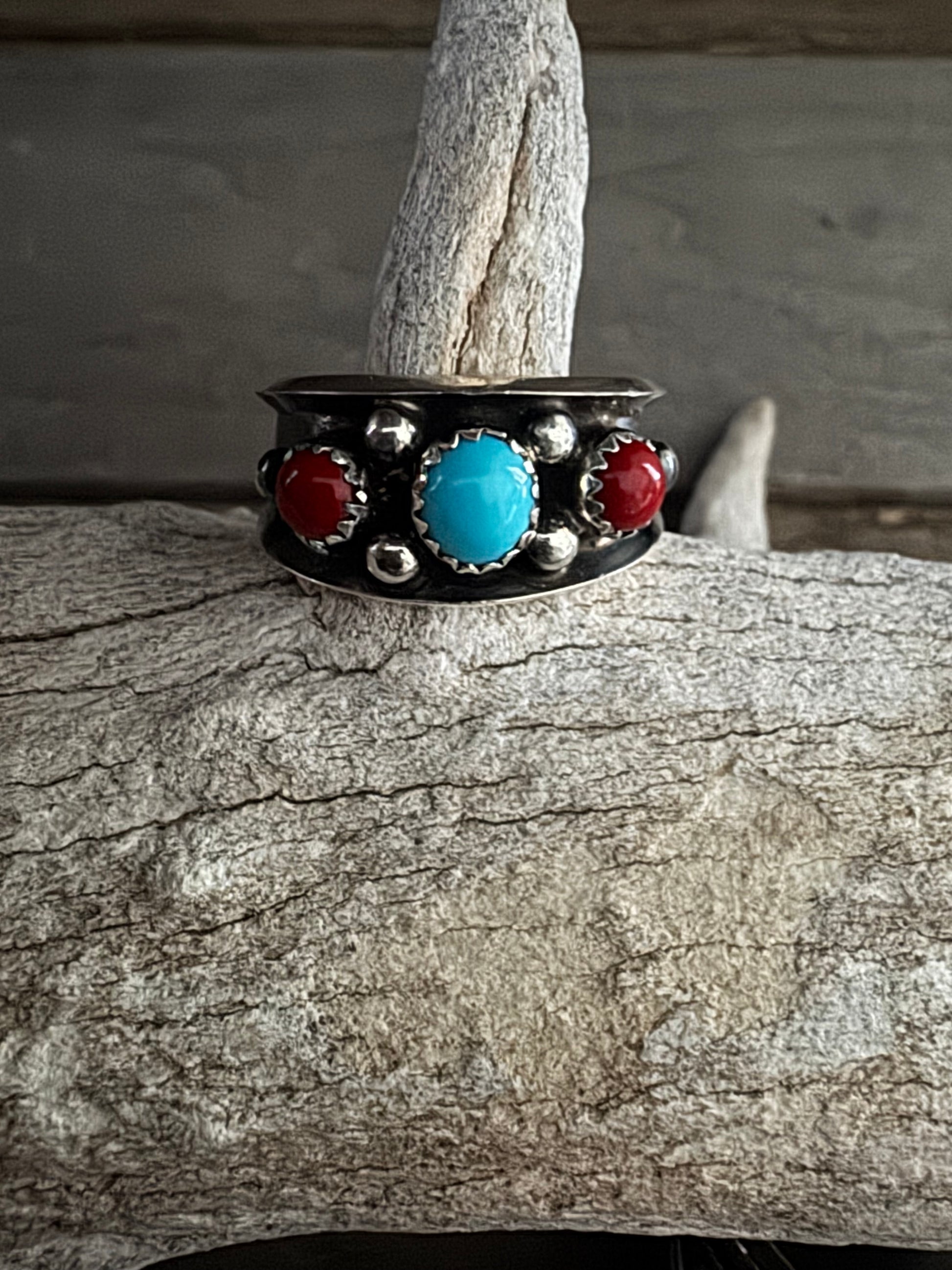 Handmade Turquoise-Coral Custom Silver Ring Size 11