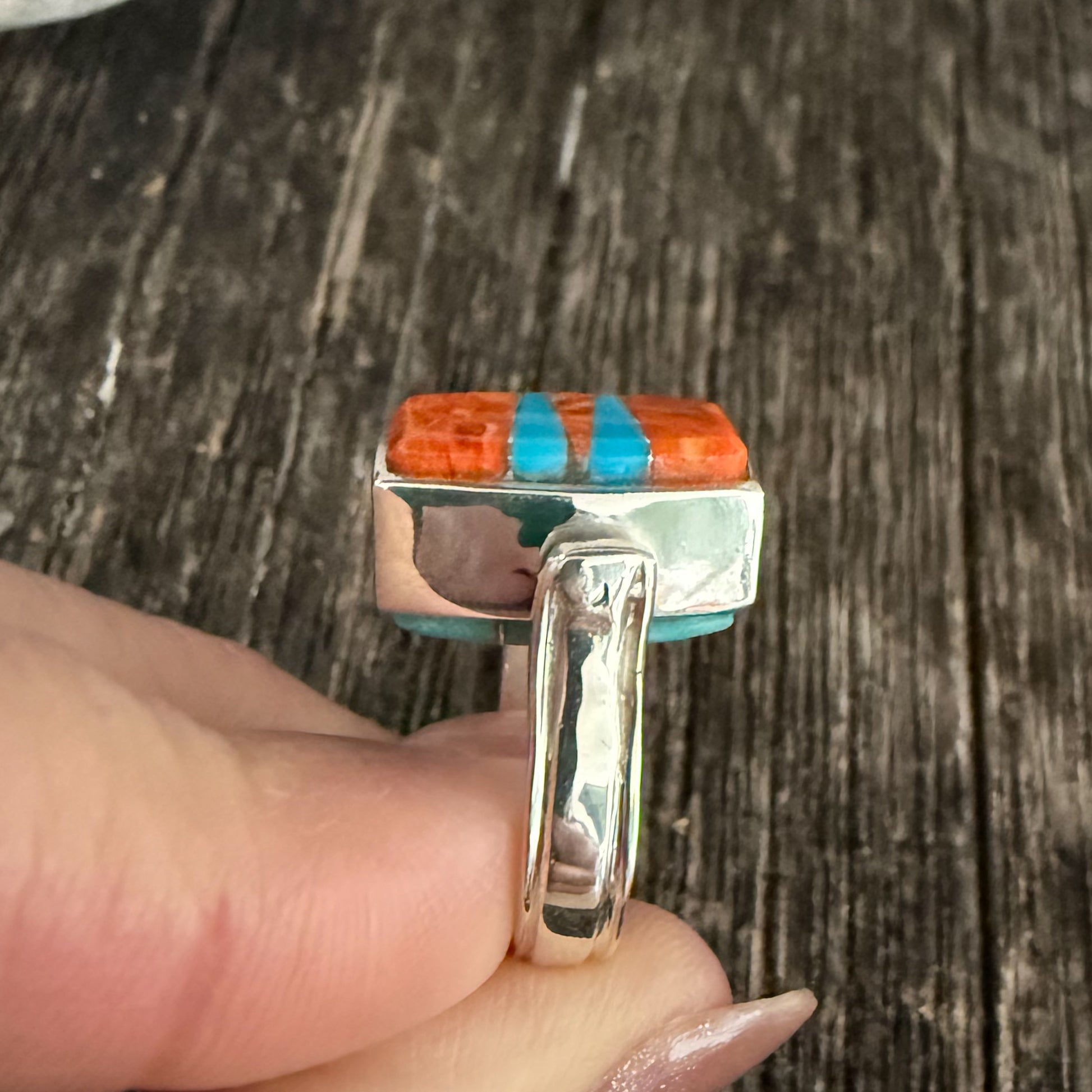 Authentic Native American Handmade by Navajo Artist Calvin Begay Sterling Silver, Turquoise and Spiny Oyster Zuni Inlay Ring Reversible size 5.