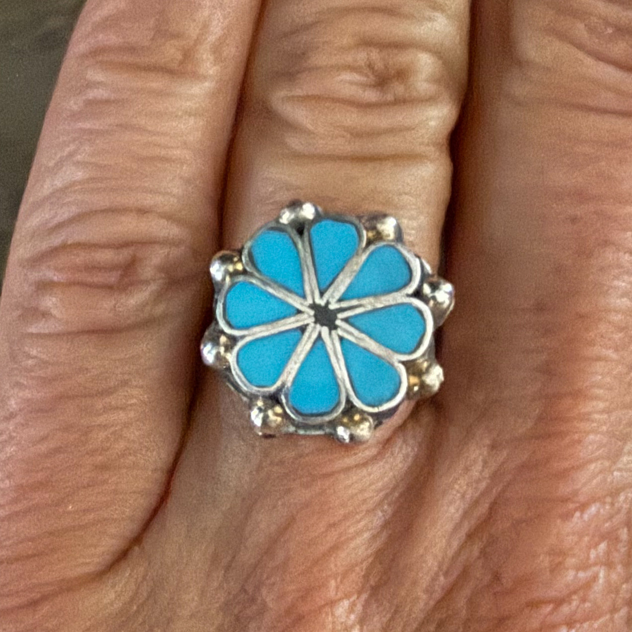 Authentic Native American Handmade Zuni Inlay Sterling Silver and Turquoise Ring size 6 1/4.