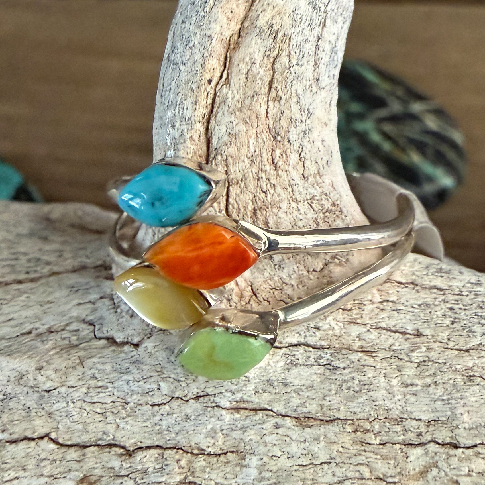 Authentic Native American Handmade Sterling Silver Adjustable Ring with Turquoise, Spiny Oyster,Serpetine, and Chrysoprase.