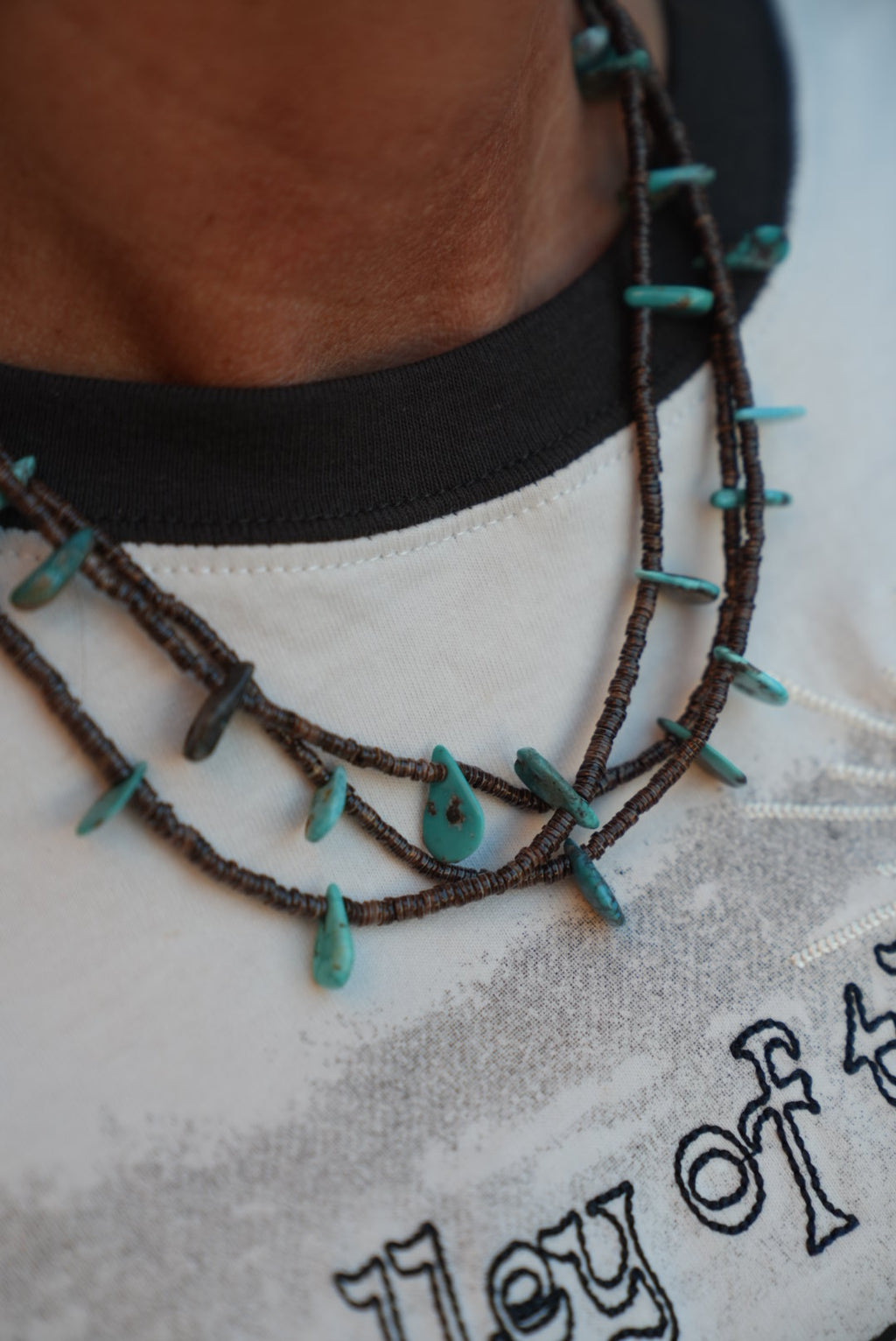 Native American Marquez Tachiini Olive Heishi Kingman Teardrop 2 Strand Necklace