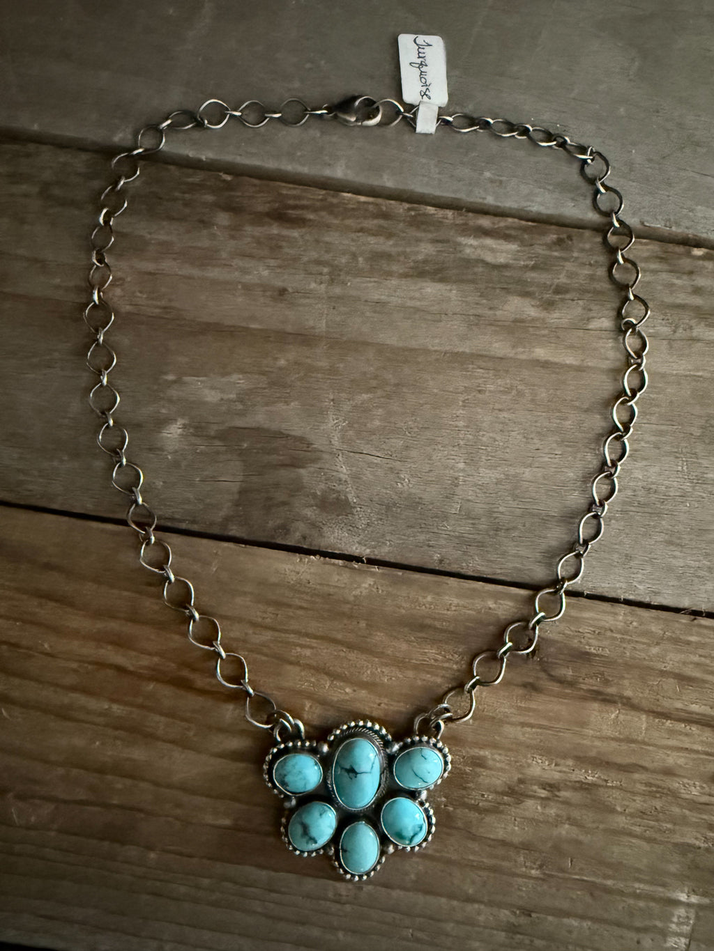 Authentic Native American Handmade Sterling Silver and Turquoise 18” Cluster Necklace