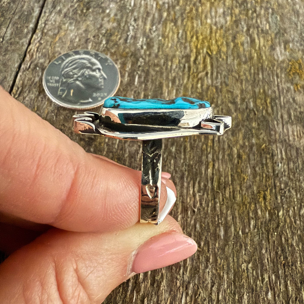 Authentic Native American Handmade Sterling Silver and Kingman Turquoise Nugget Ring Size 8.