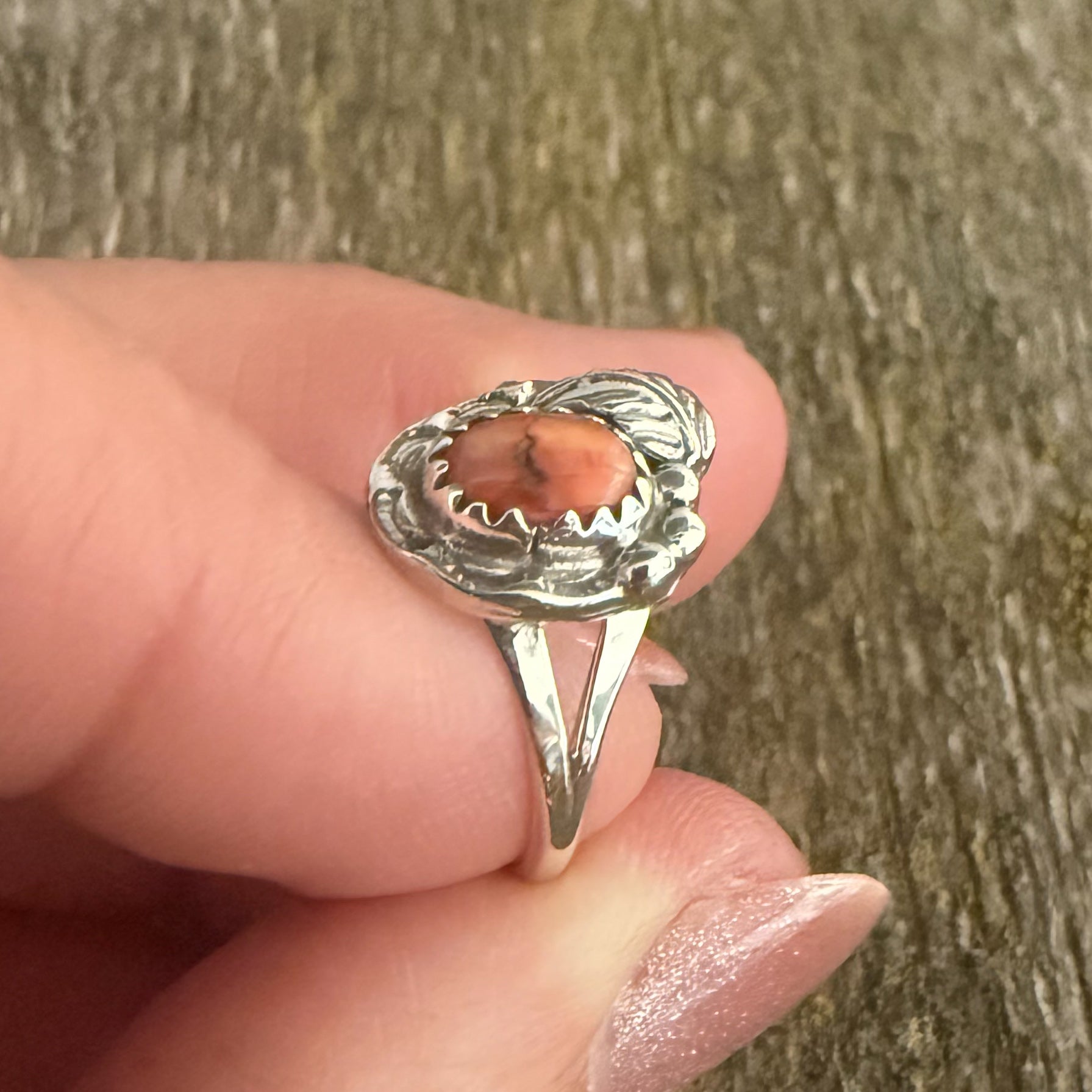 Authentic Native American Handmade Sterling Silver and Orange Spiny Oyster Ring Size 7 1/2.