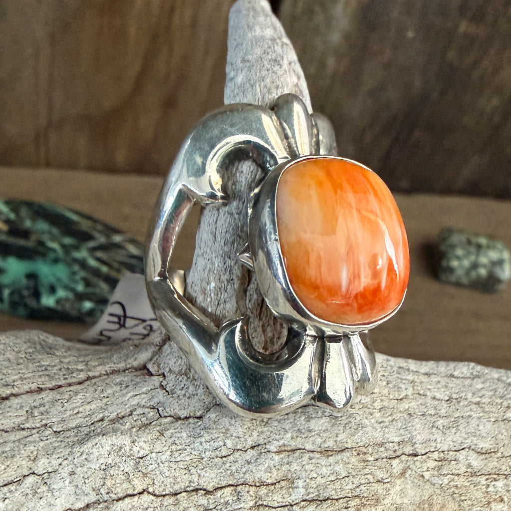 Authentic Native American Handmade Sterling Silver and Spiny Oyster Ring Size 7.