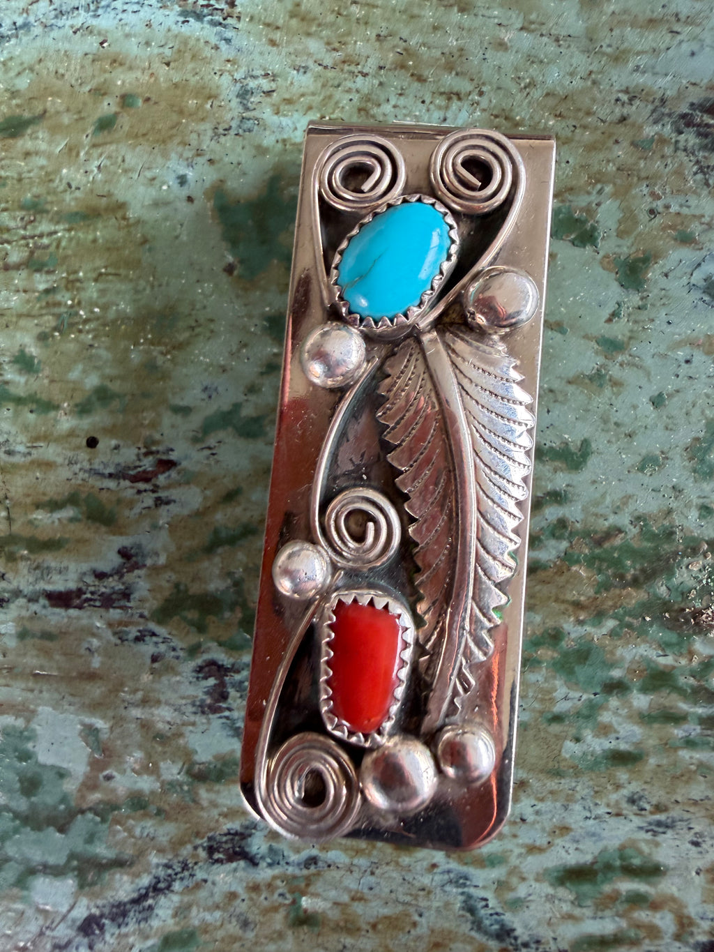 Native American Handmade Money Clip Turquoise-Coral