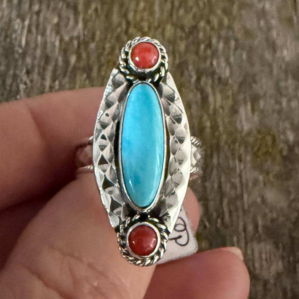 Authentic Native American Handmade Sterling Silver Turquoise and Coral Ring Size 8.