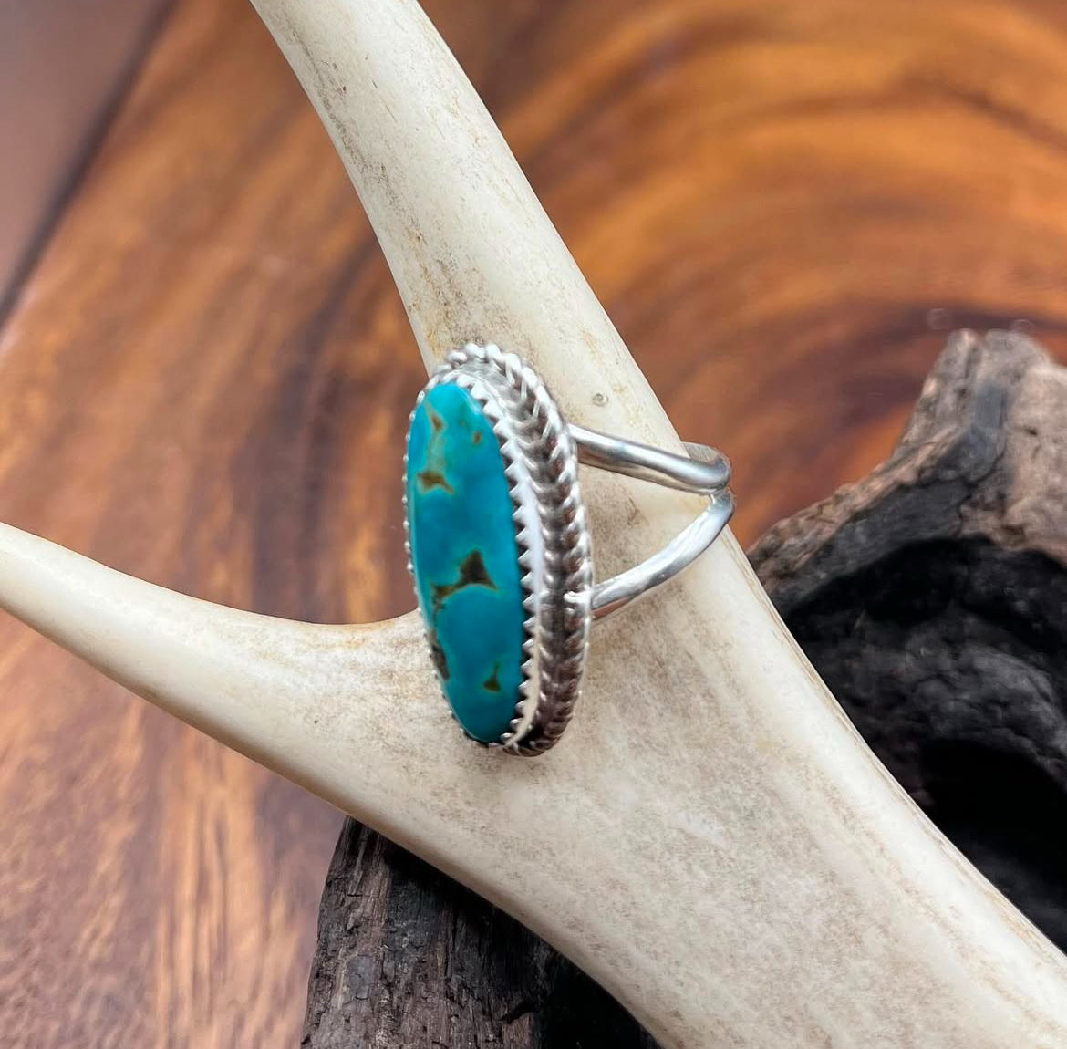 Authentic Native American Handmade Braided Edge Turquoise Ring