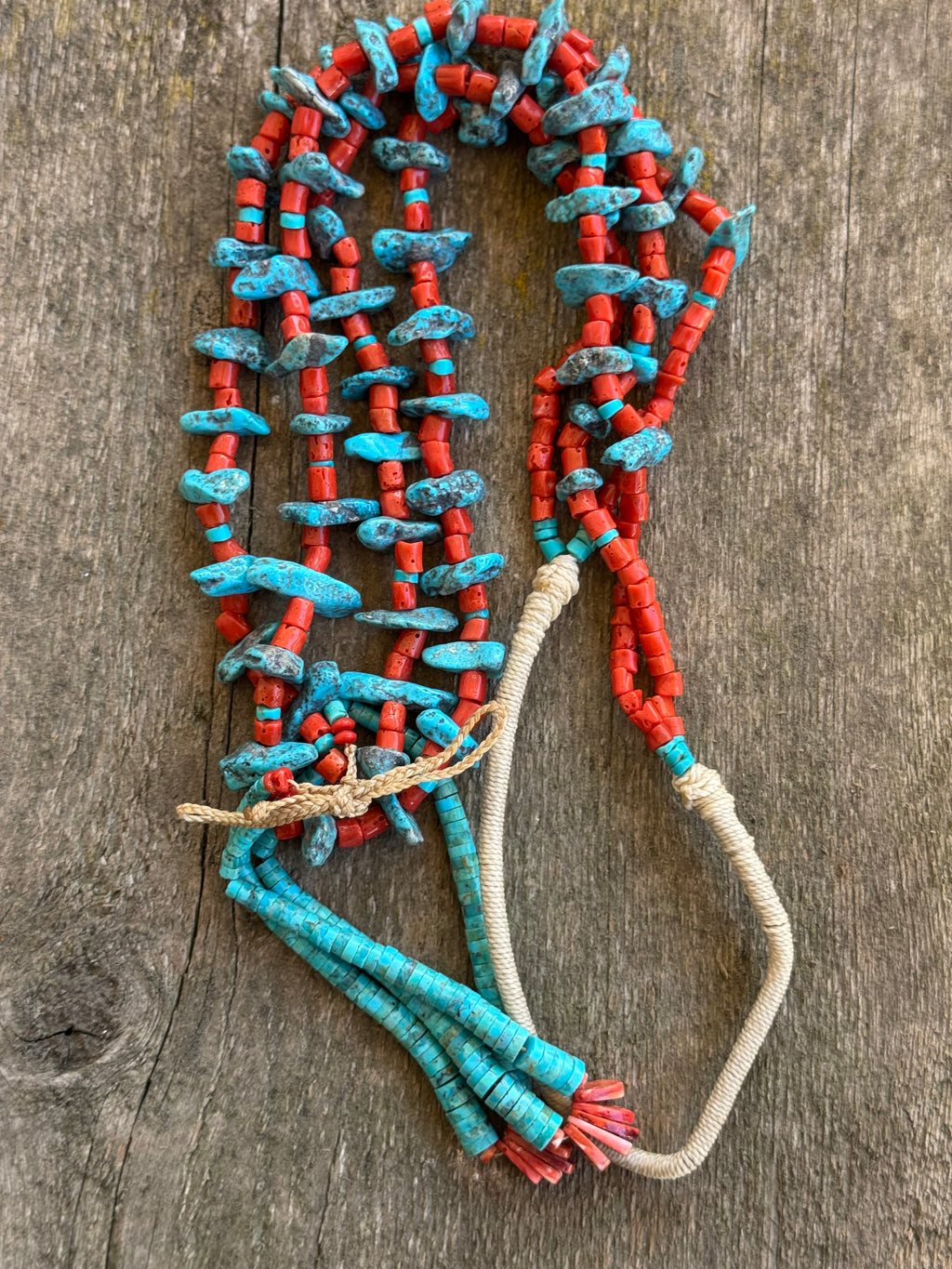Native American Handmade Kingman Turquoise-Coral Necklace with Kingman and Spiny Oyster Jacla