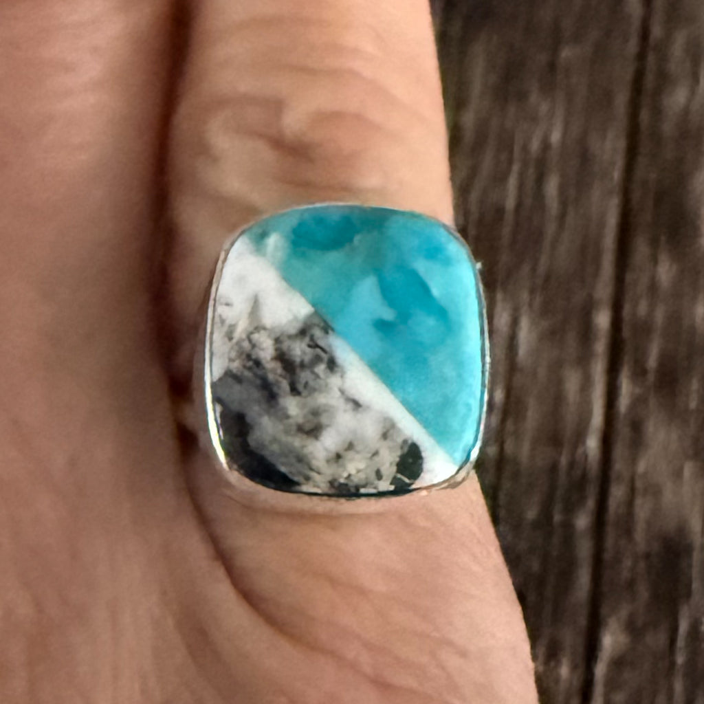 Authentic Native American Handmade Sterling Silver, Turquoise and White Buffalo Ring size 4 3/4.