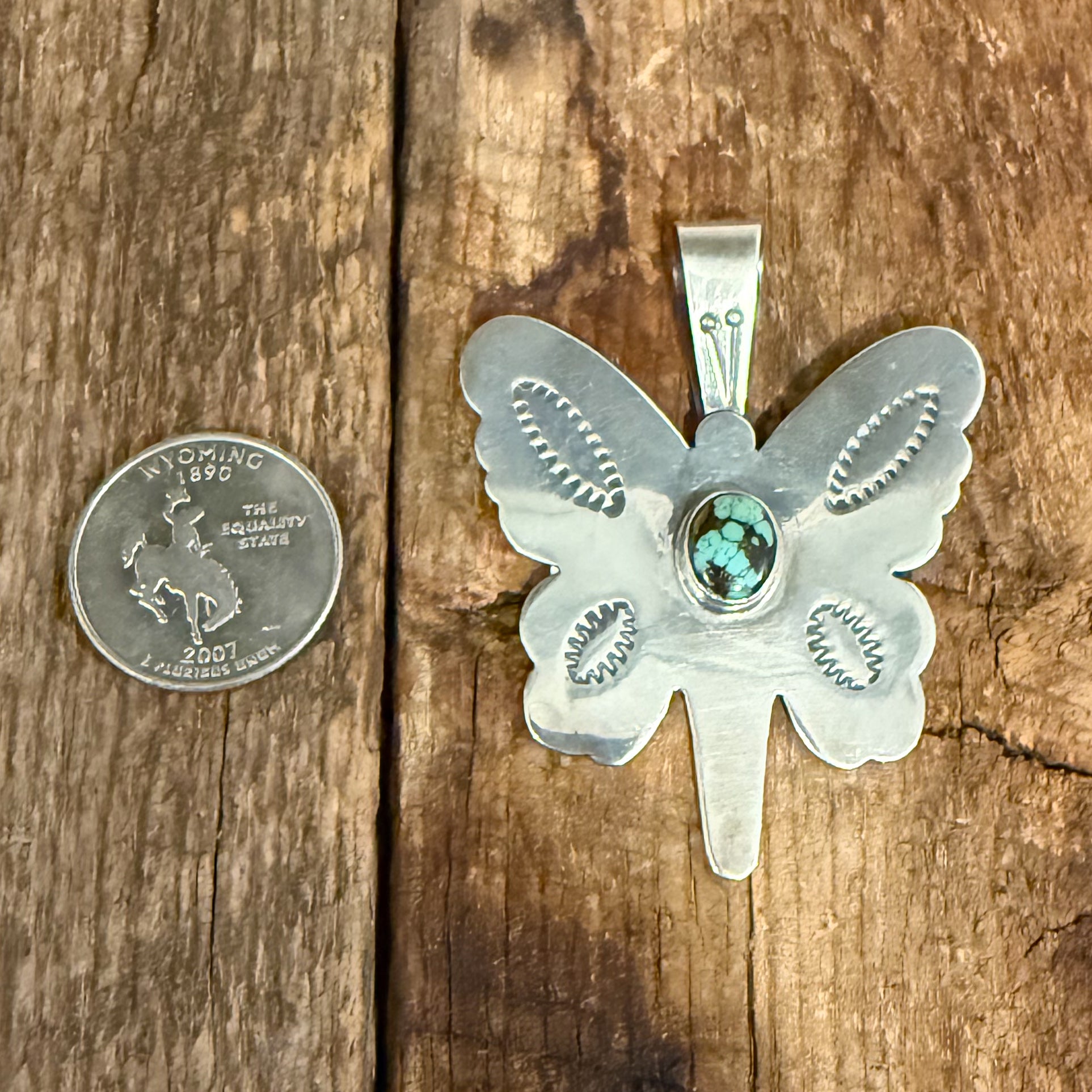 Authentic Native American Handmade Sterling Silver and Turquoise Butterfly Pendant