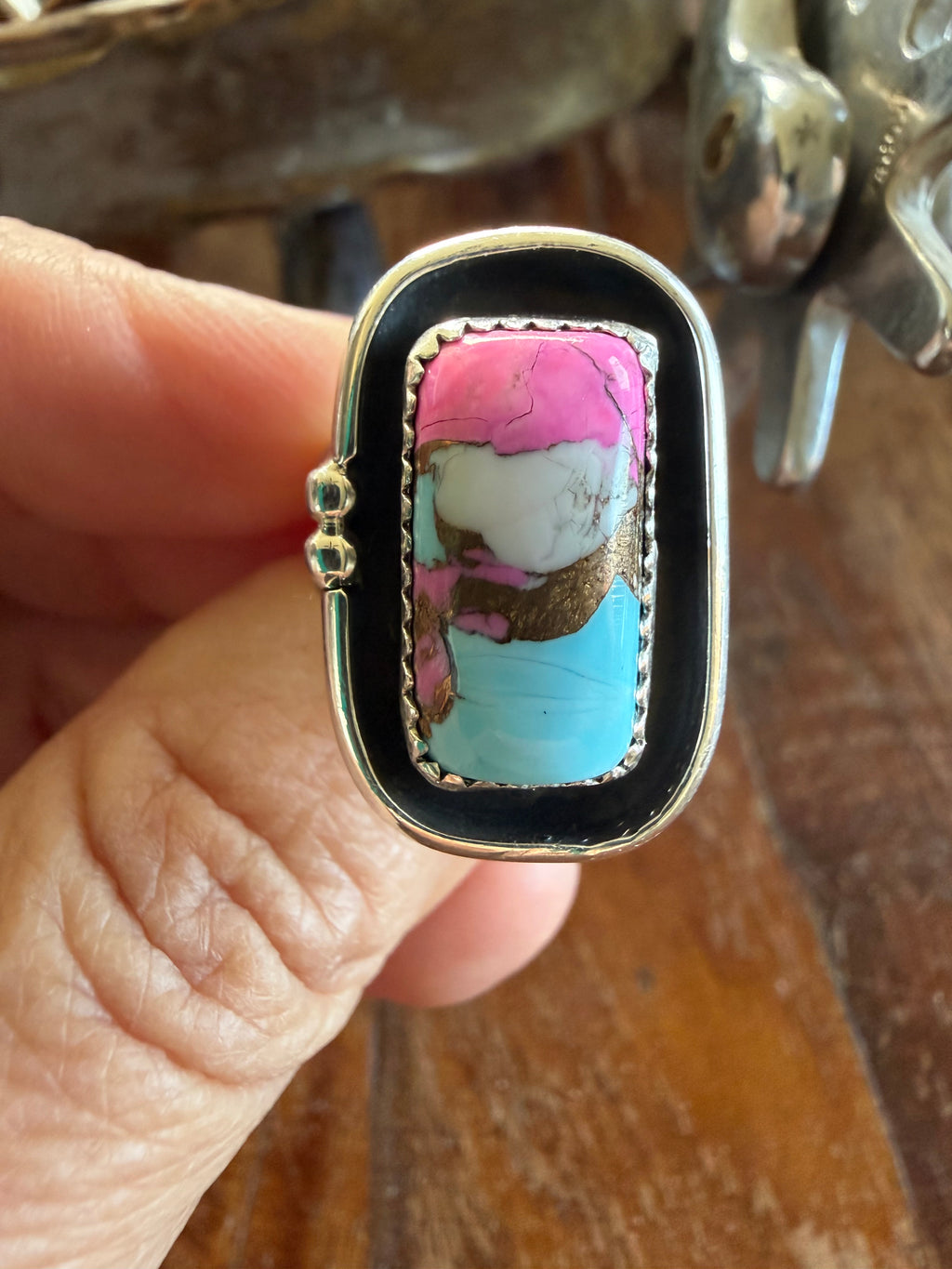 Authentic Native American Handmade Sterling Silver and Cotton Candy Ring size 7 3/4