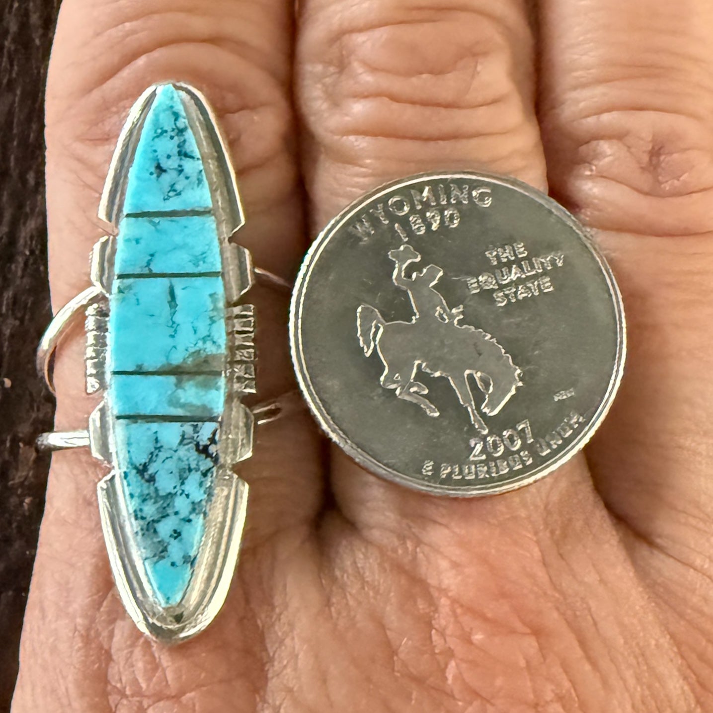 Authentic Native American Handmade Sterling Silver and Turquoise Inlay Ring
