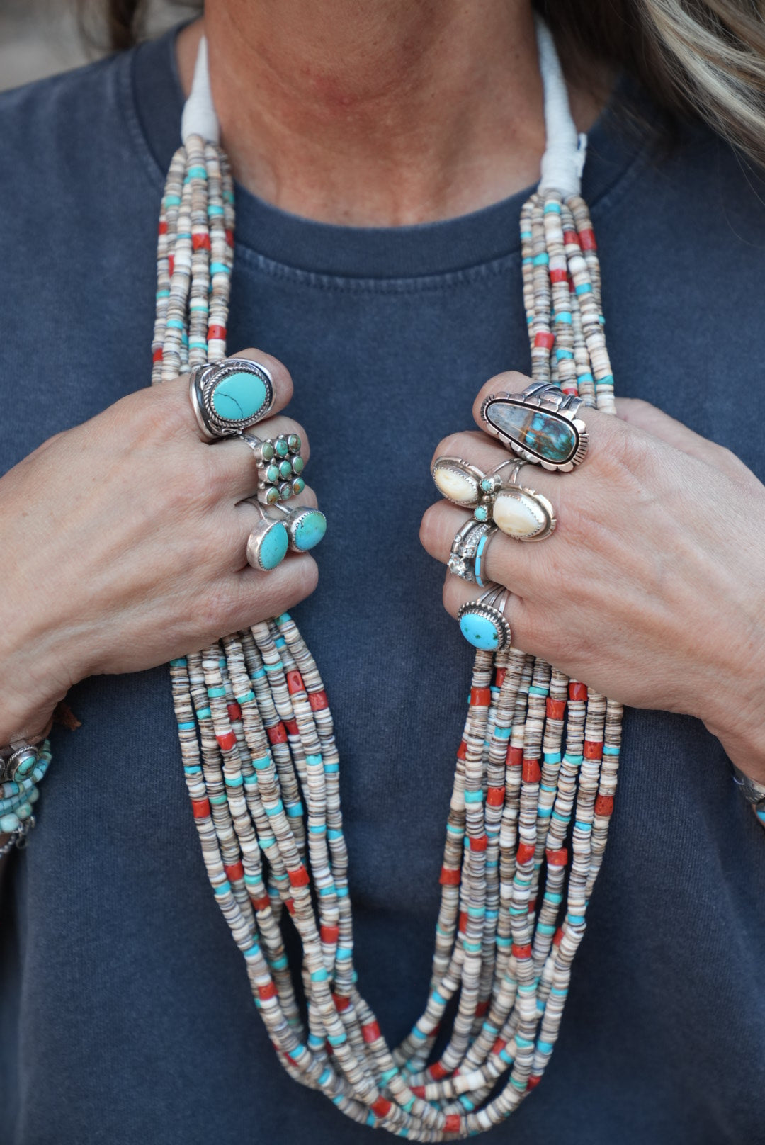 Native American Marquez Tachiini Handmade Olive Shell Heishi, Kingman,Mediterranean Coral Necklace