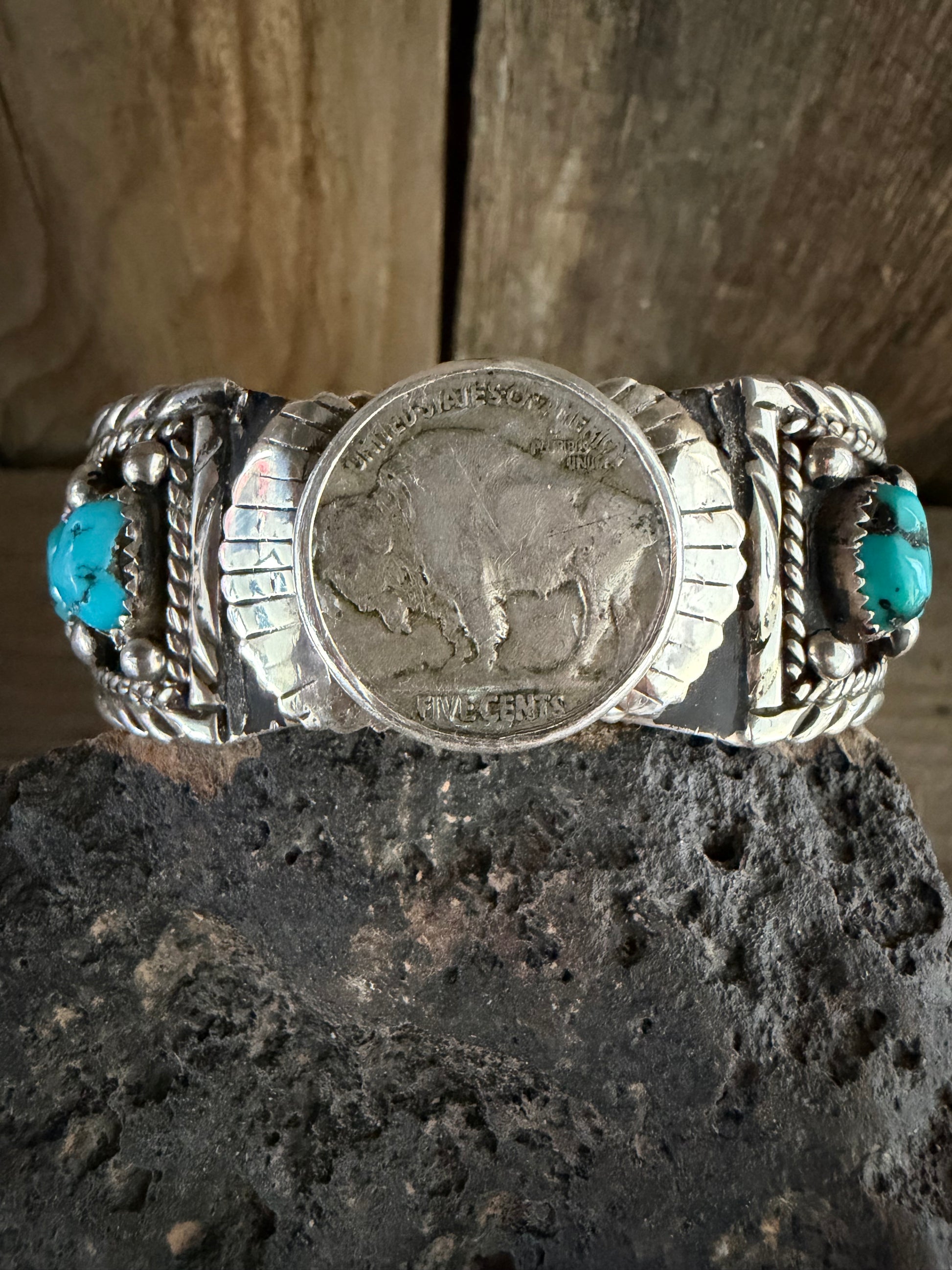 Native American Handmade Vintage Watch-Cuff Sterling Silver Kingman Turquoise