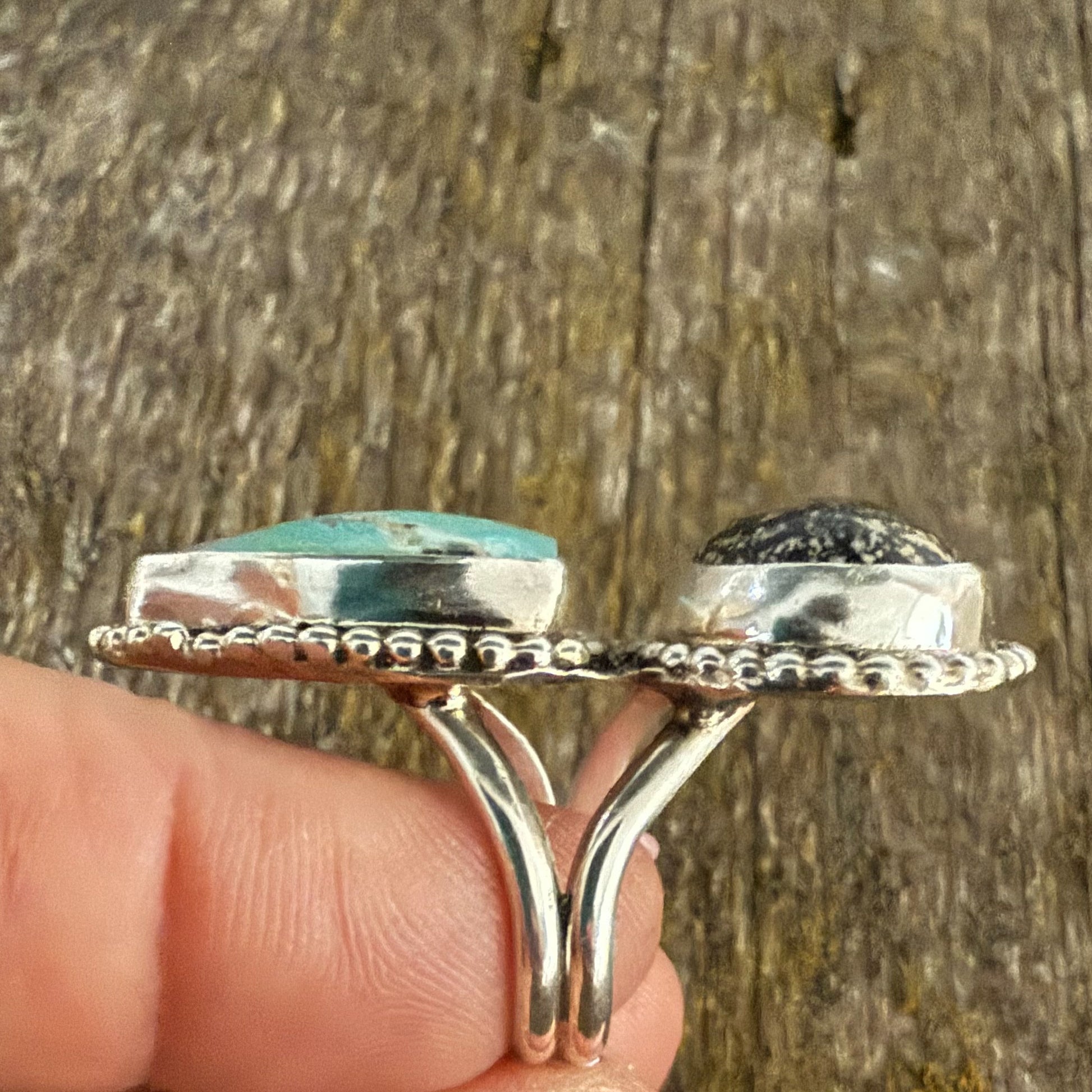 Authentic Native American Sterling Silver, Turquoise and Natural Stone Double Stack Ring Size6 3/4.