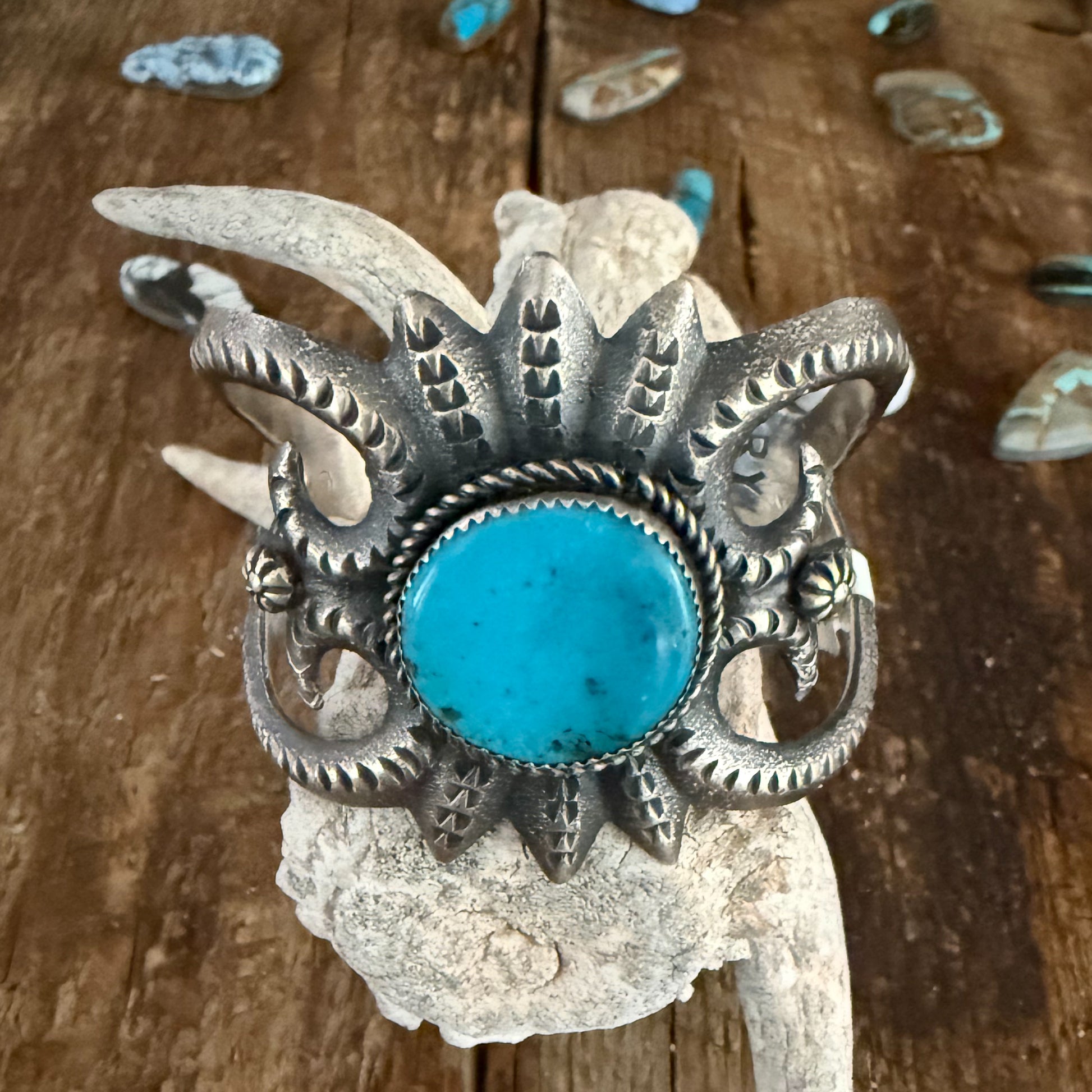Authentic Native American Richard Yazza Tufa Cast Sterling Silver and Kingman Turquoise Cuff Bracelet