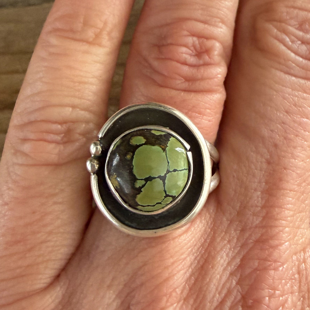 Authentic Native American Handmade Sterling Silver and Hubei Turquoise Ring size 8 1/2.