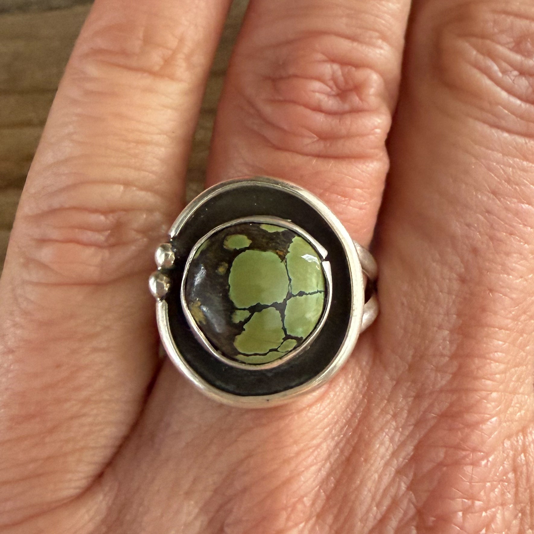 Authentic Native American Handmade Sterling Silver and Hubei Turquoise Ring size 8 1/2.