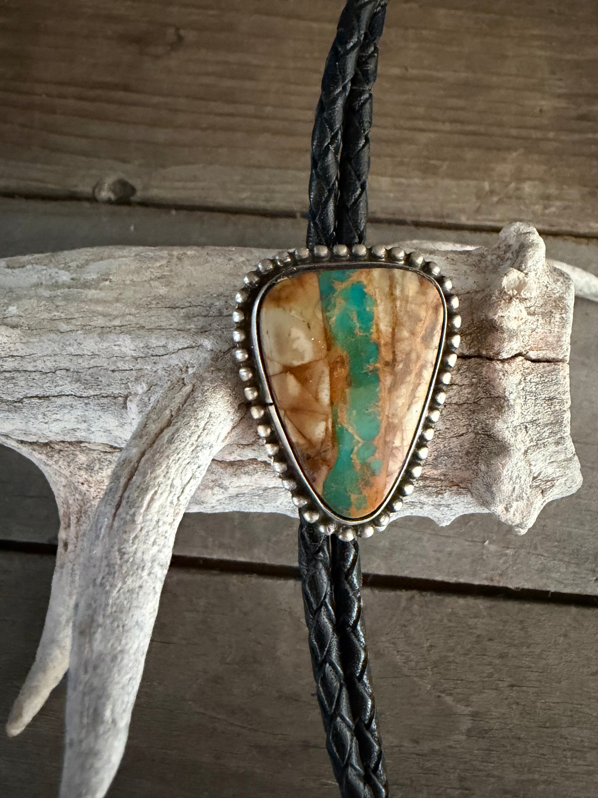 Native American Handmade Sterling Silver-Royston Ribbon Turquoise Bolo Tie