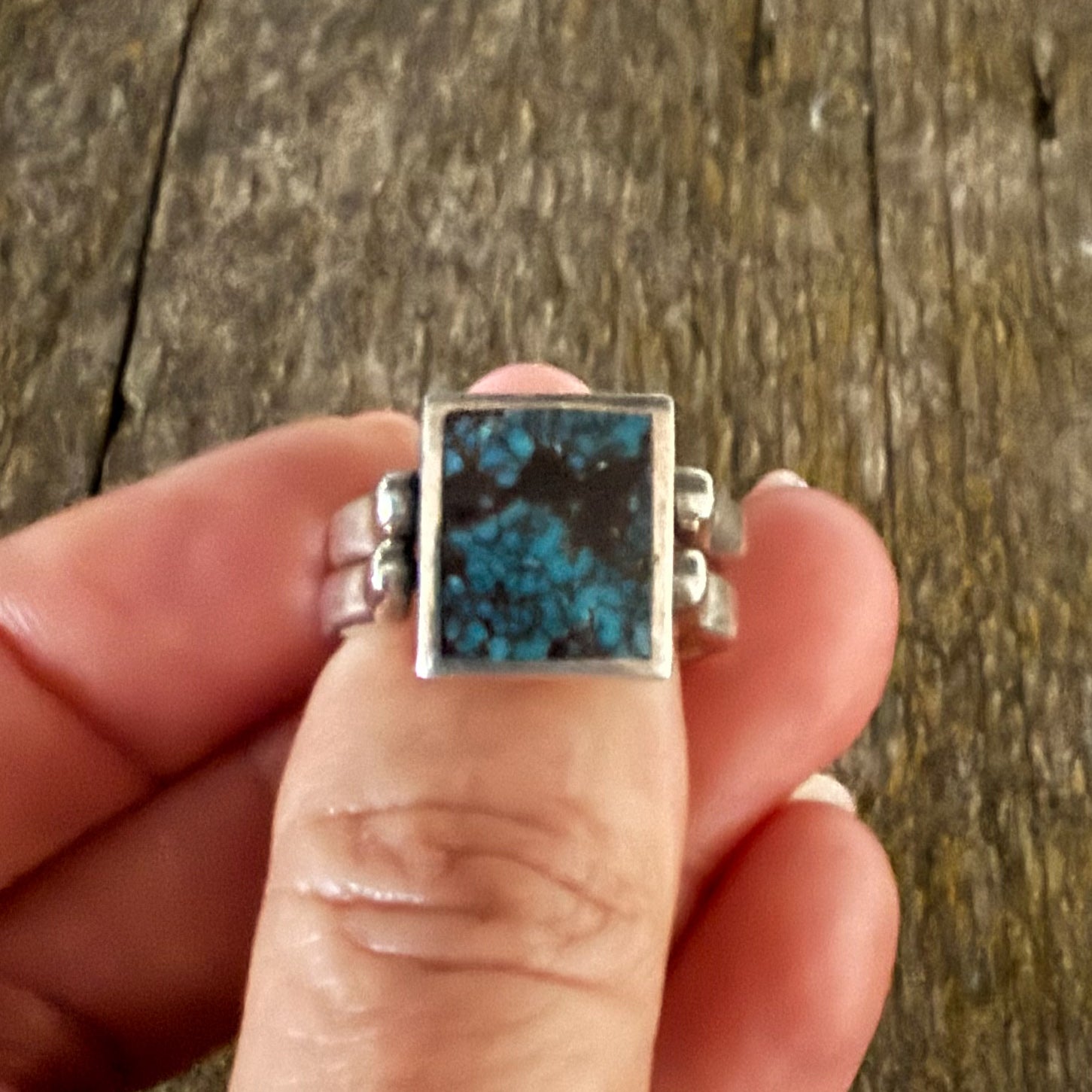 Authentic Native American Sterling Silver and Turquoise Reversible Star Stamped Ring Size 9.