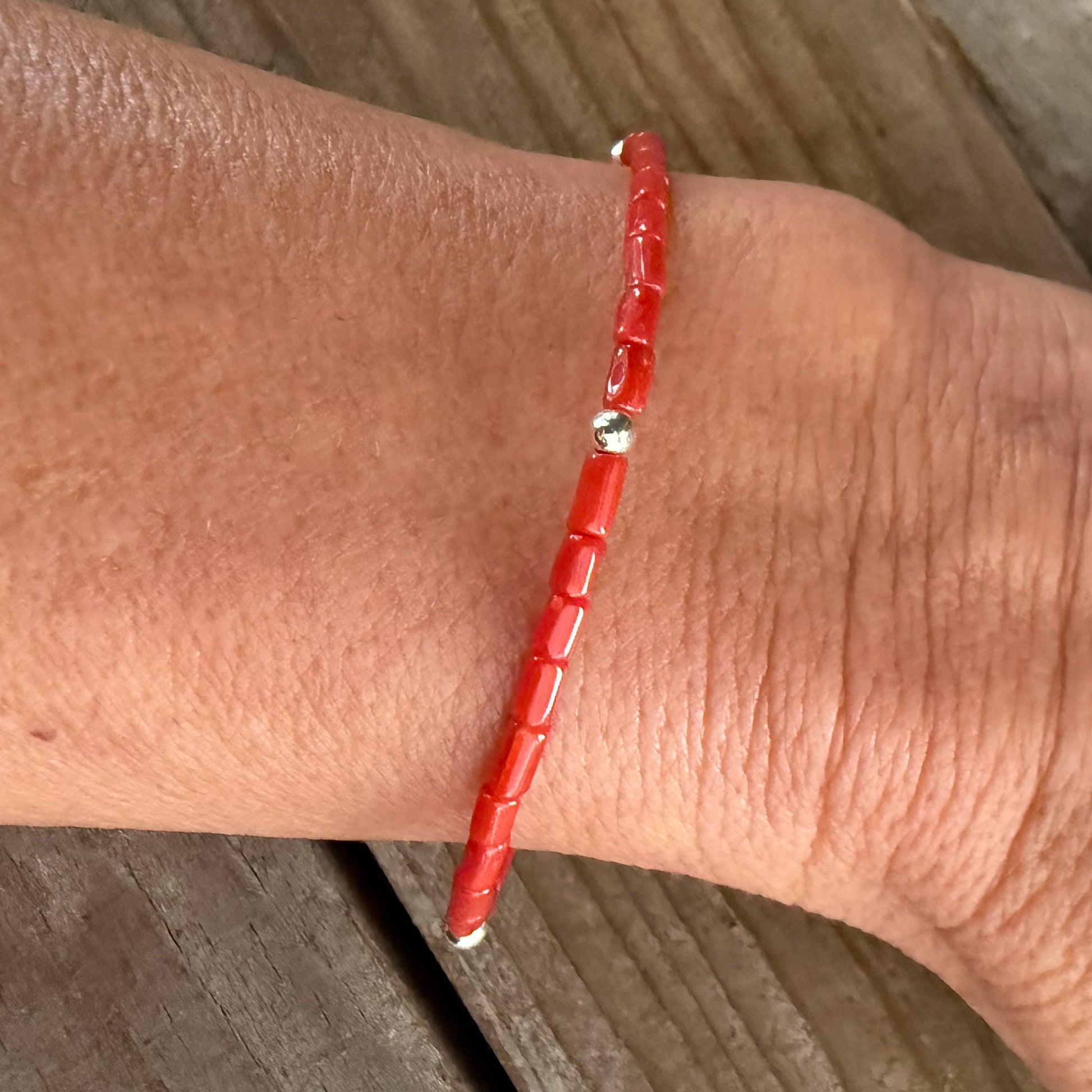 Authentic Native American Handmade Sterling Silver and Coral   Heishi Bead Bracelet size 7.25.