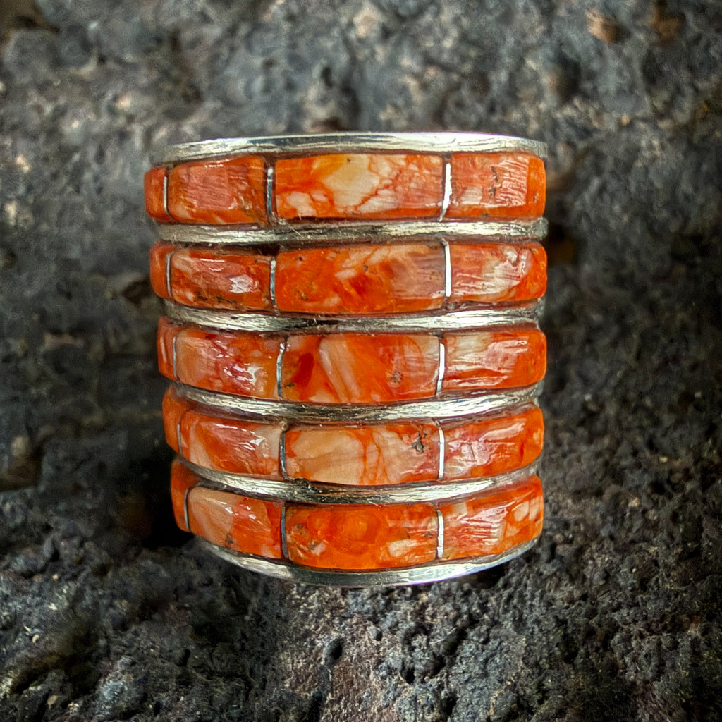 Authentic Native American Handmade Sterling Silver and Orange Spiny Oyster Zuni Inlay Ring size 7 1/2.