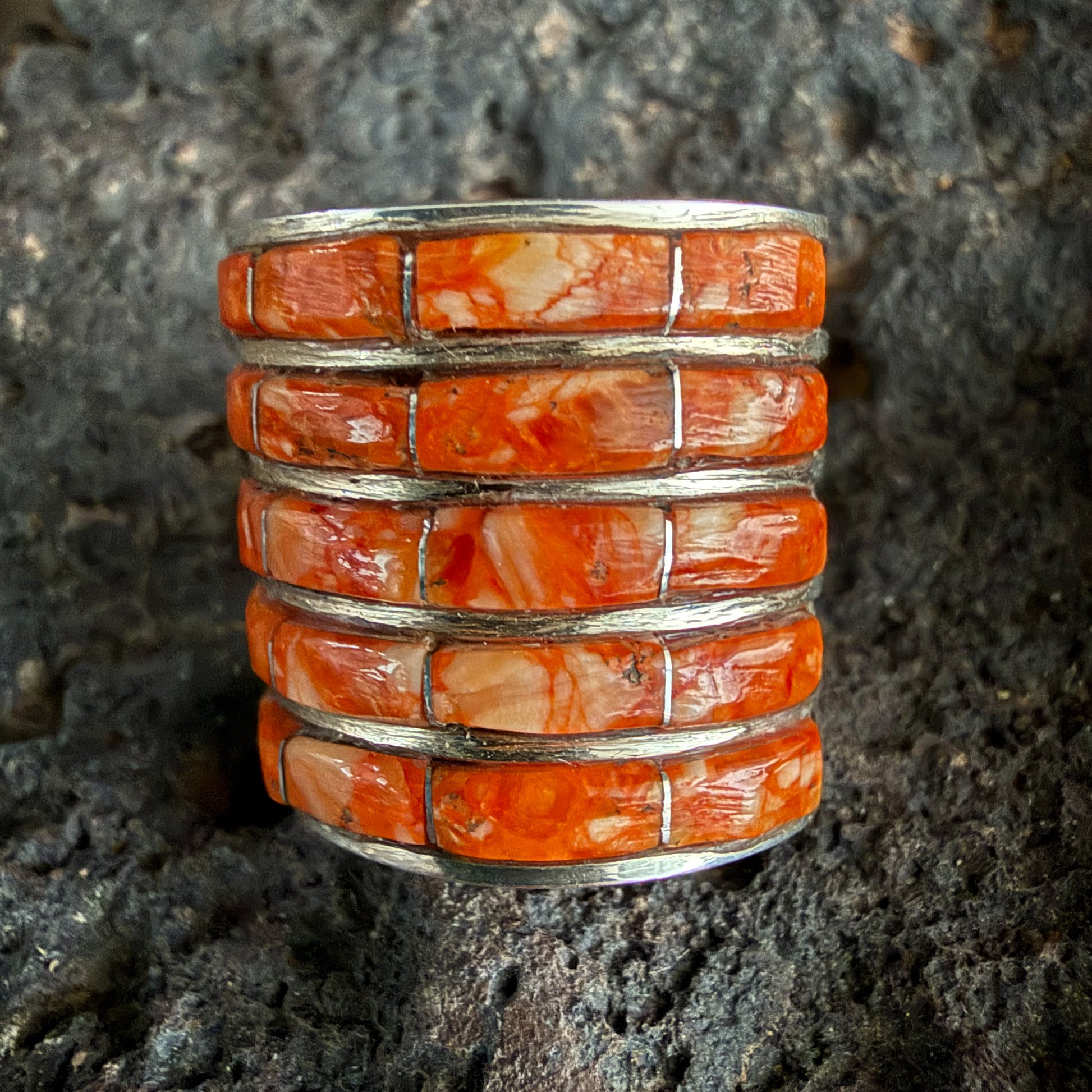 Authentic Native American Handmade Sterling Silver and Orange Spiny Oyster Zuni Inlay Ring size 7 1/2.