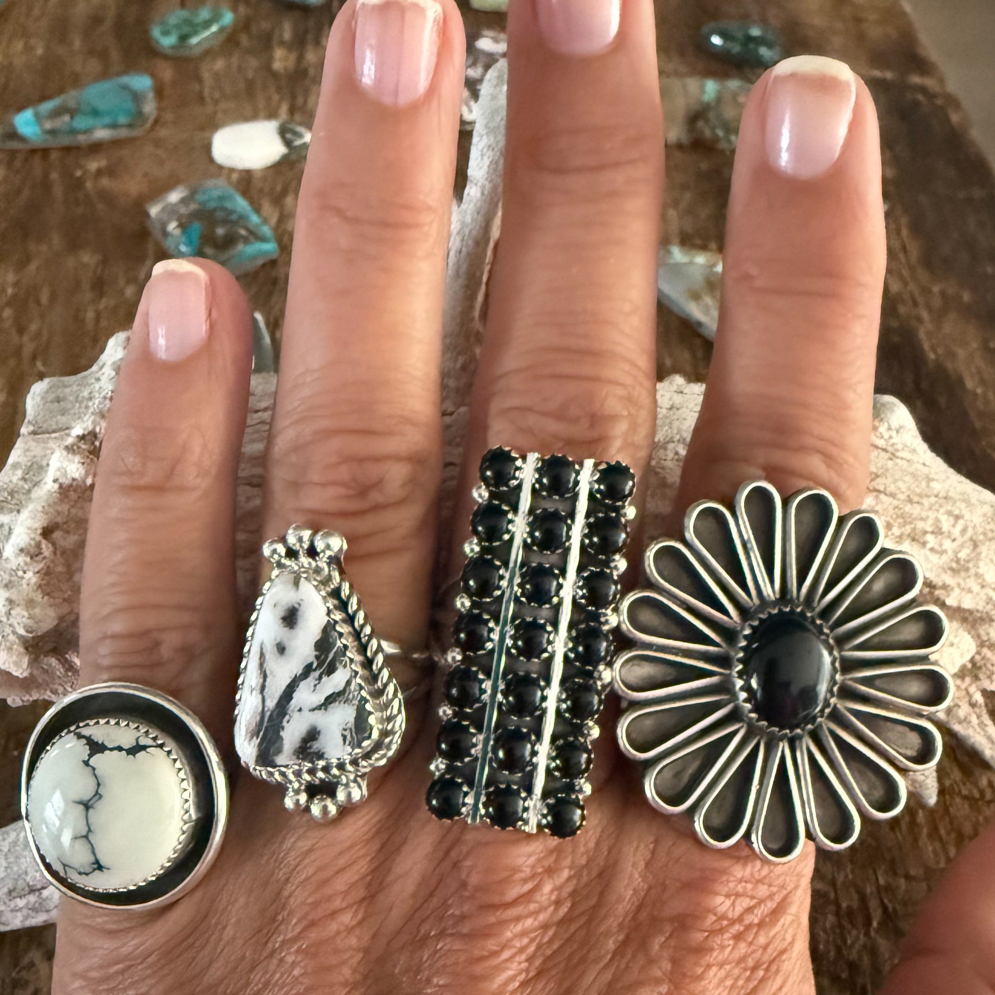 Authentic Native American Handmade Burnished Sterling Silver and Black Onyx Flower Adjustable Ring.