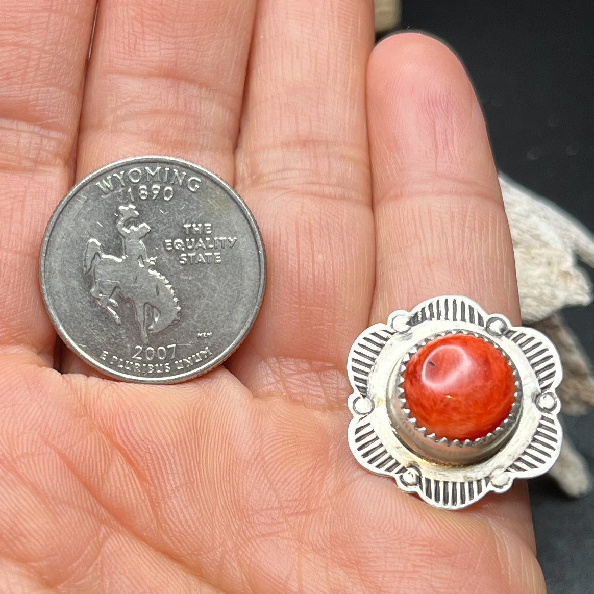 Authentic Native American Sterling Silver Orange Spiny Oyster Ring