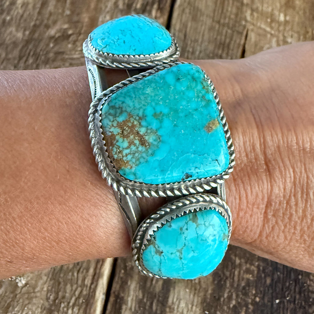 Authentic Native American Handmade Sterling Silver and Turquoise Vintage Cuff