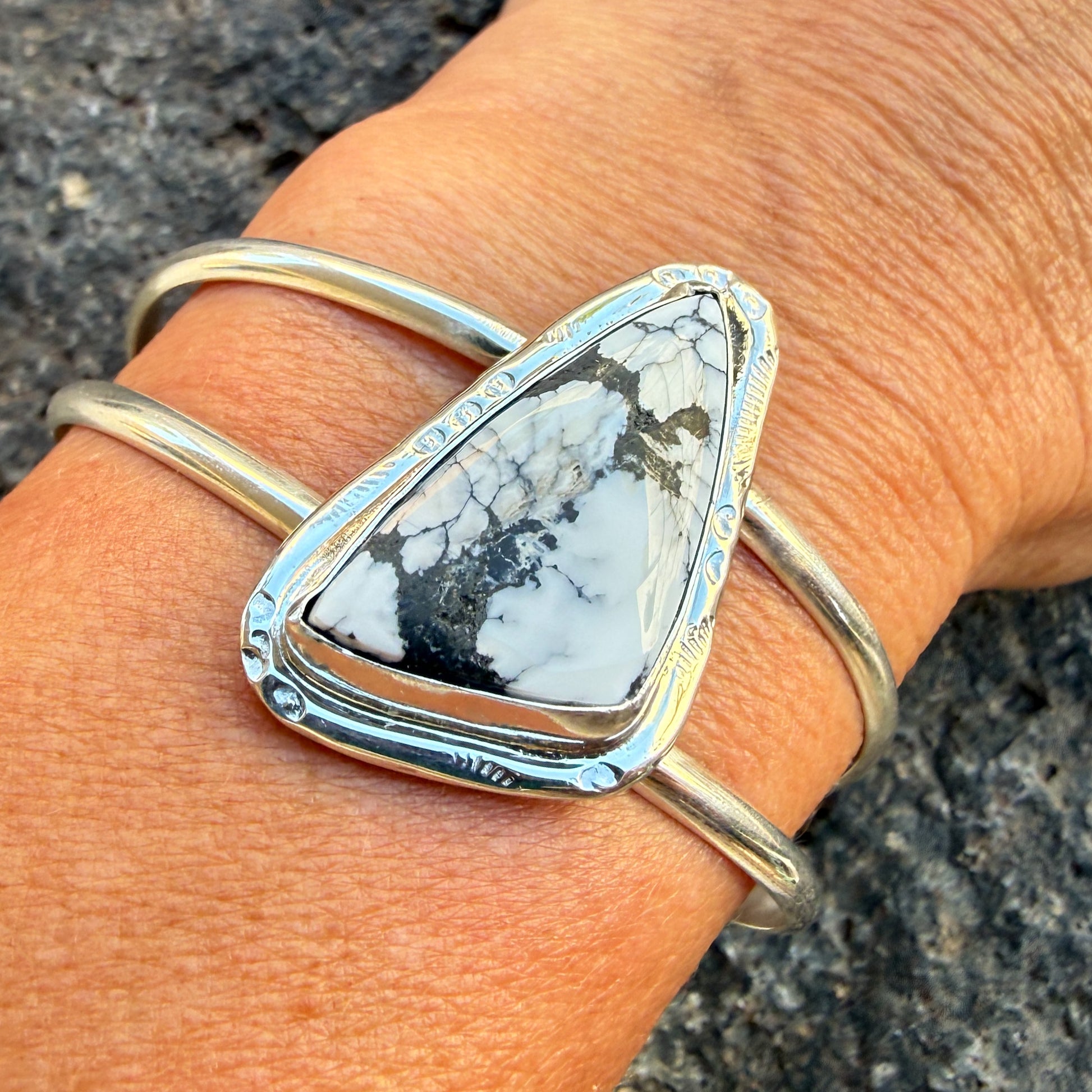 Authentic Native American Handmade Sterling Silver and White Buffalo Cuff Bracelet