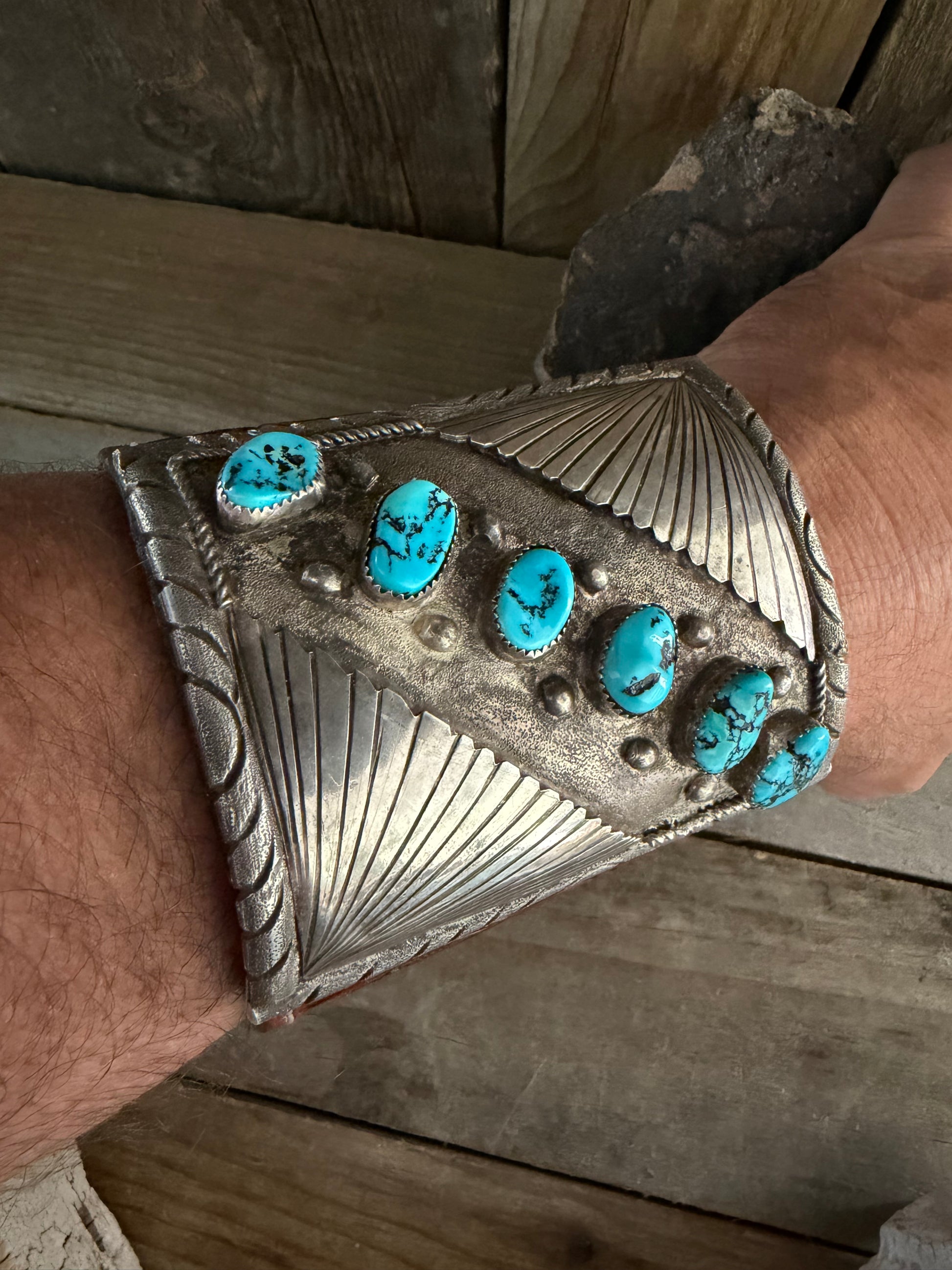 Native American Vintage Handmade Mens Leather- Sterling Silver Cuff Sleeping Beauty Turquoise