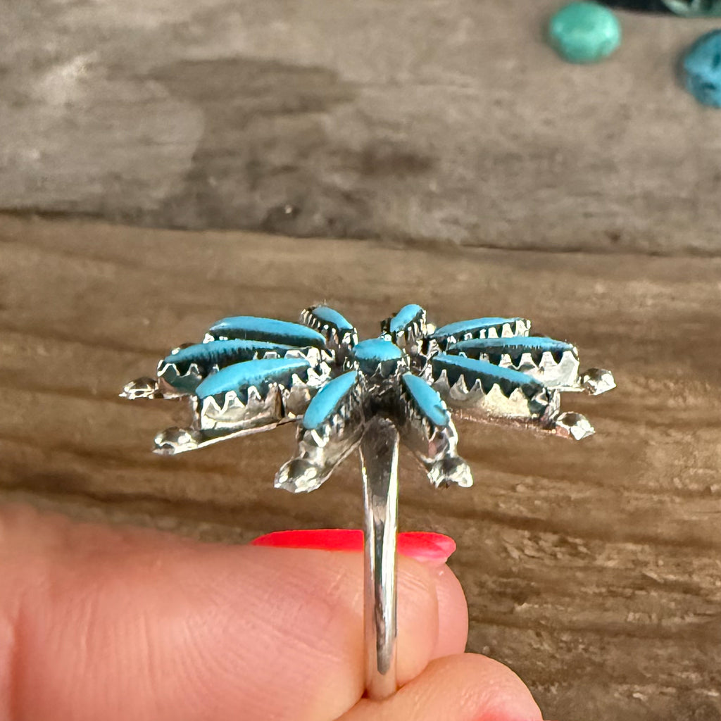 Authentic Native American Handmade Sterling Silver and Sleeping Beauty Turquoise Zuni Needlepoint Ring size 7 1/4.