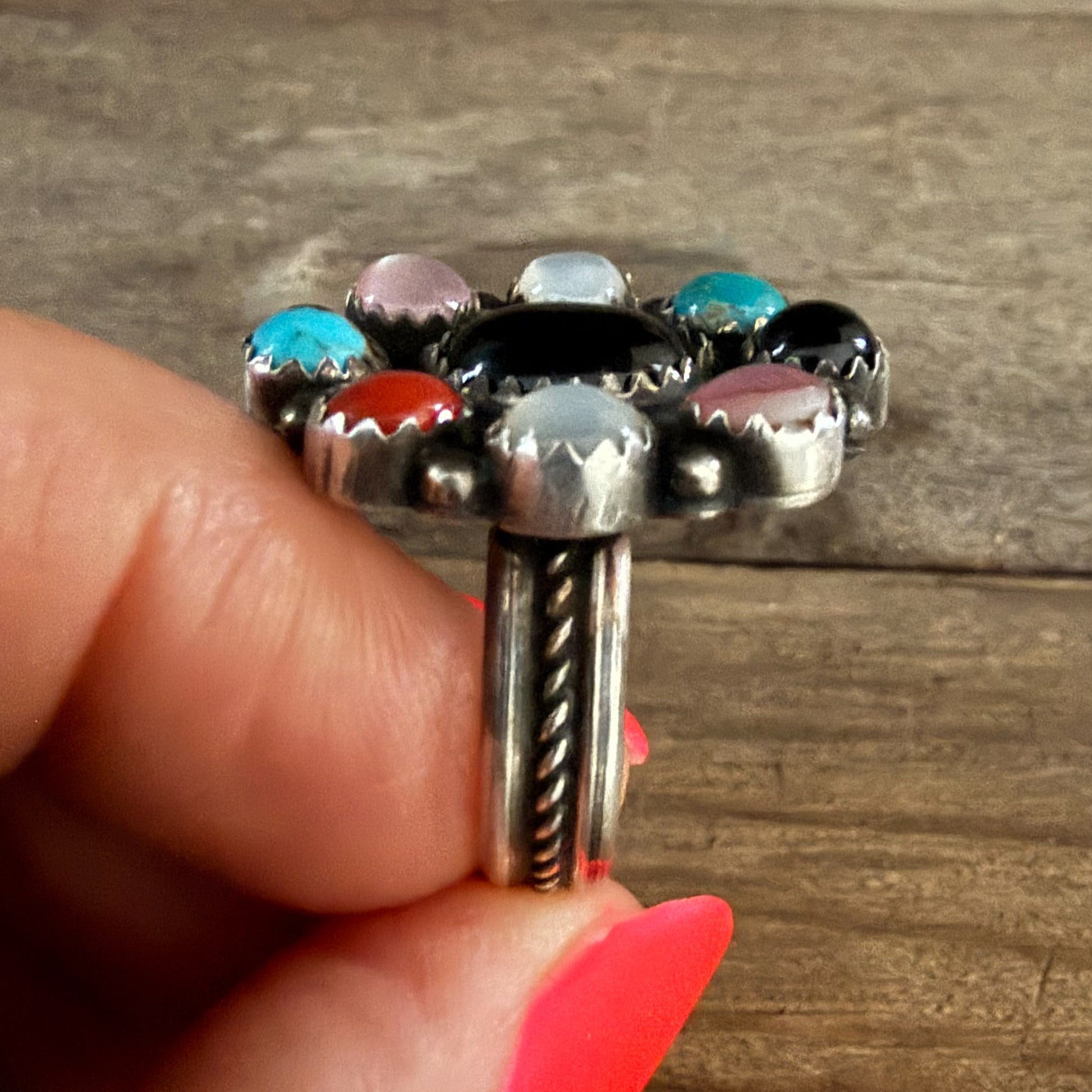 Authentic Native American Handmade Sterling Silver, Black Onyx, Turquoise, Moonstone, Coral, and Pink Moonstone Adjustable Ring.