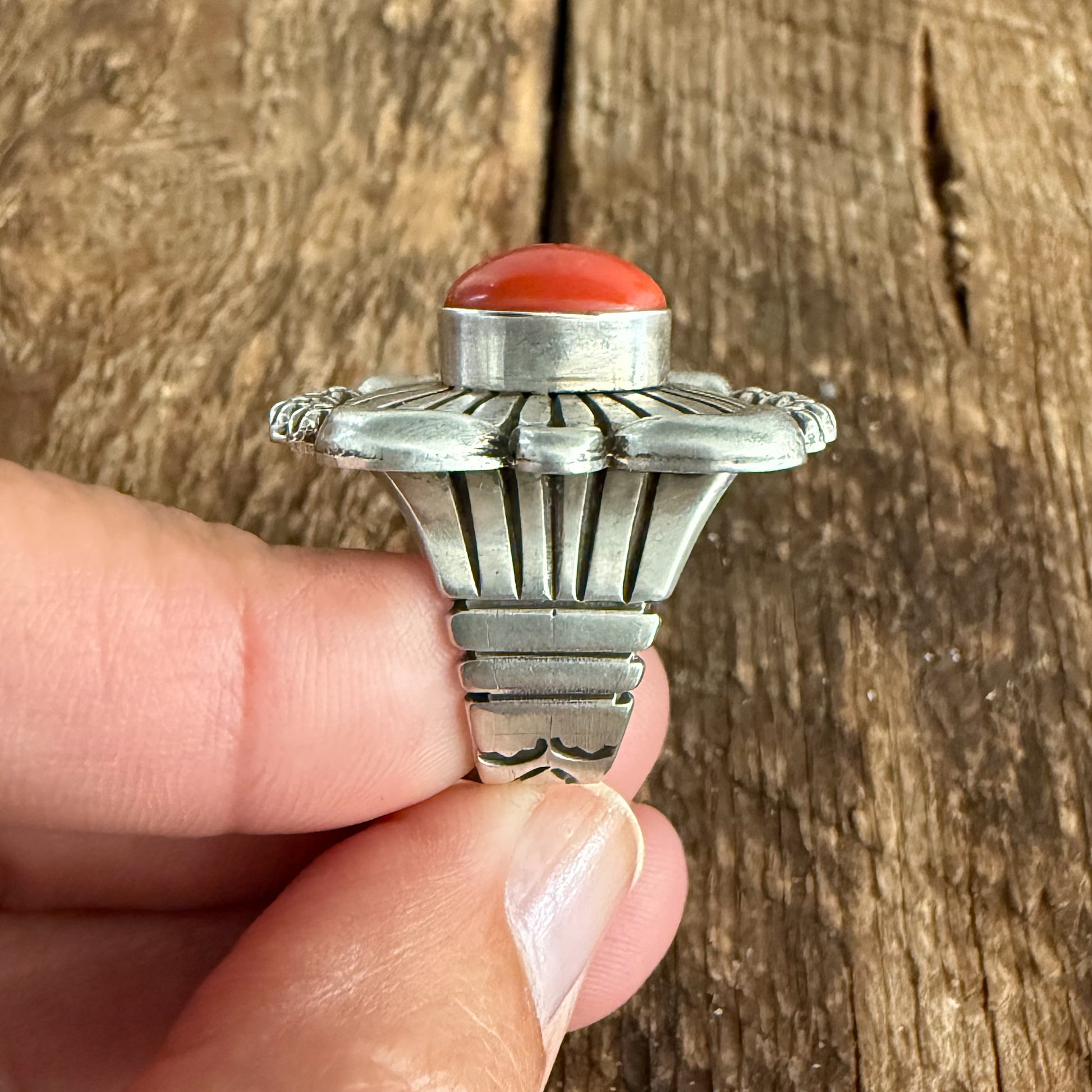 Authentic Native American Handmade Thomas Jim Mediterranean Coral Ring size 7 1/4.