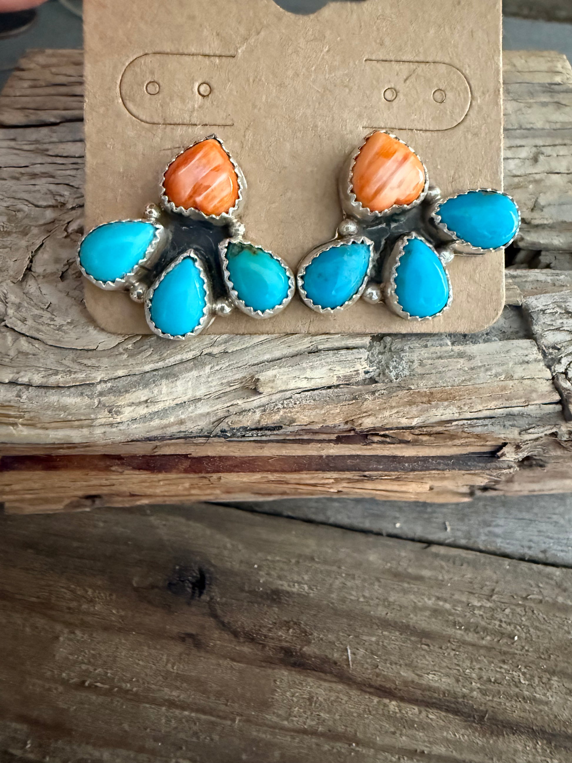 Authentic Native American Handmade Sterling Silver, Spiny Oyster, and Turquoise Earrings