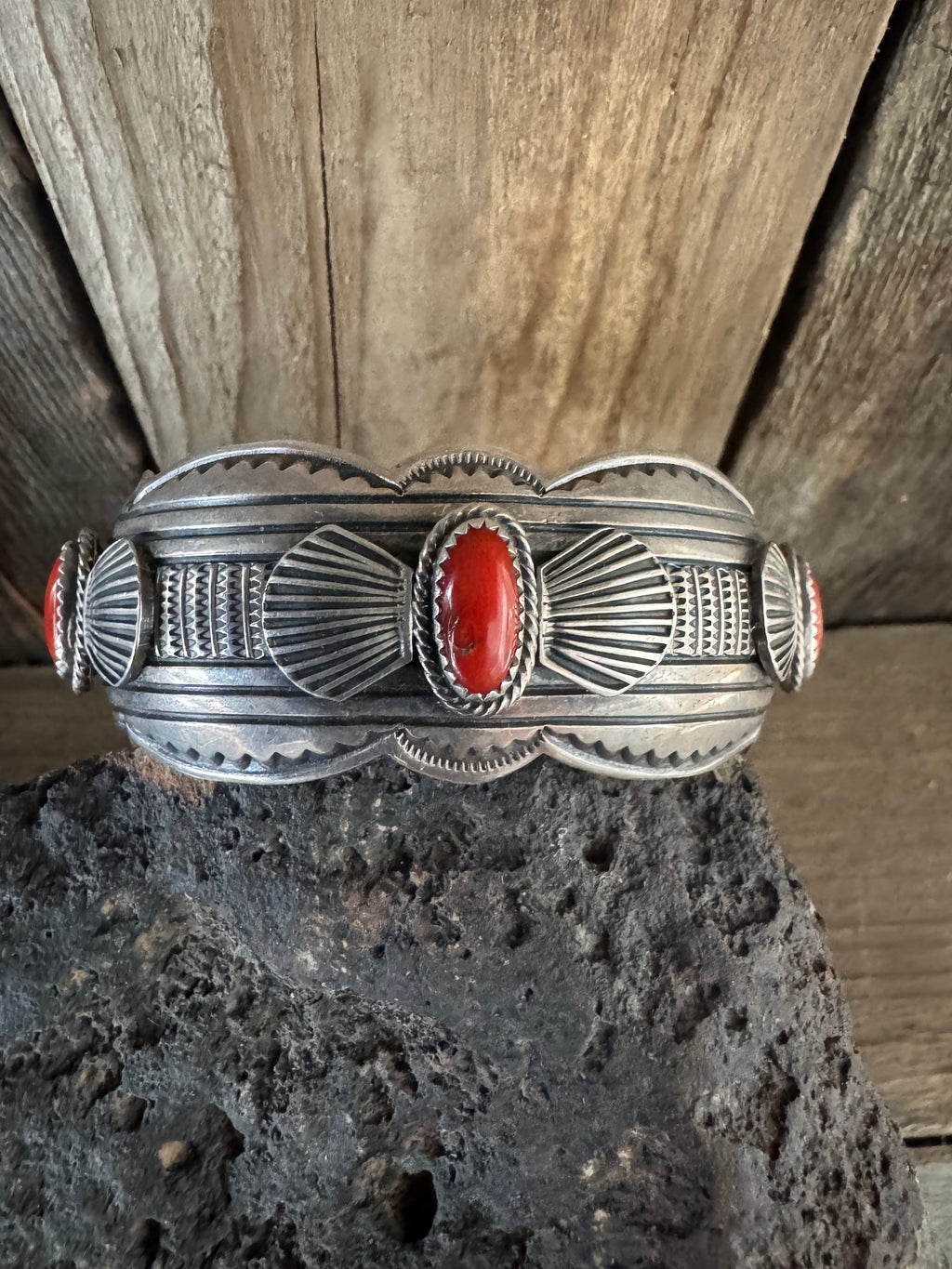 Native Handmade Sterling Silver Coral Bracelet-Cuff