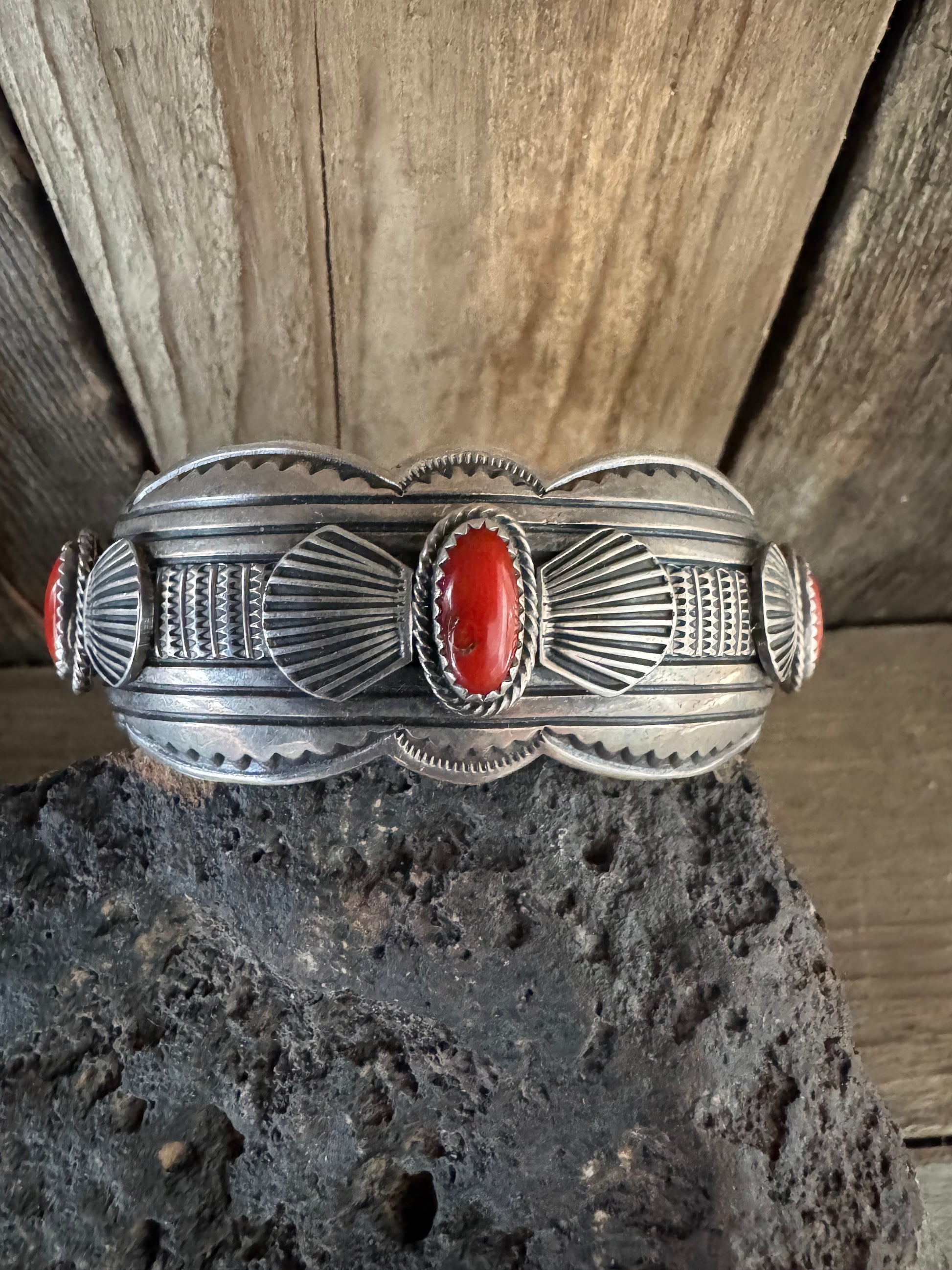 Native Handmade Sterling Silver Coral Bracelet-Cuff