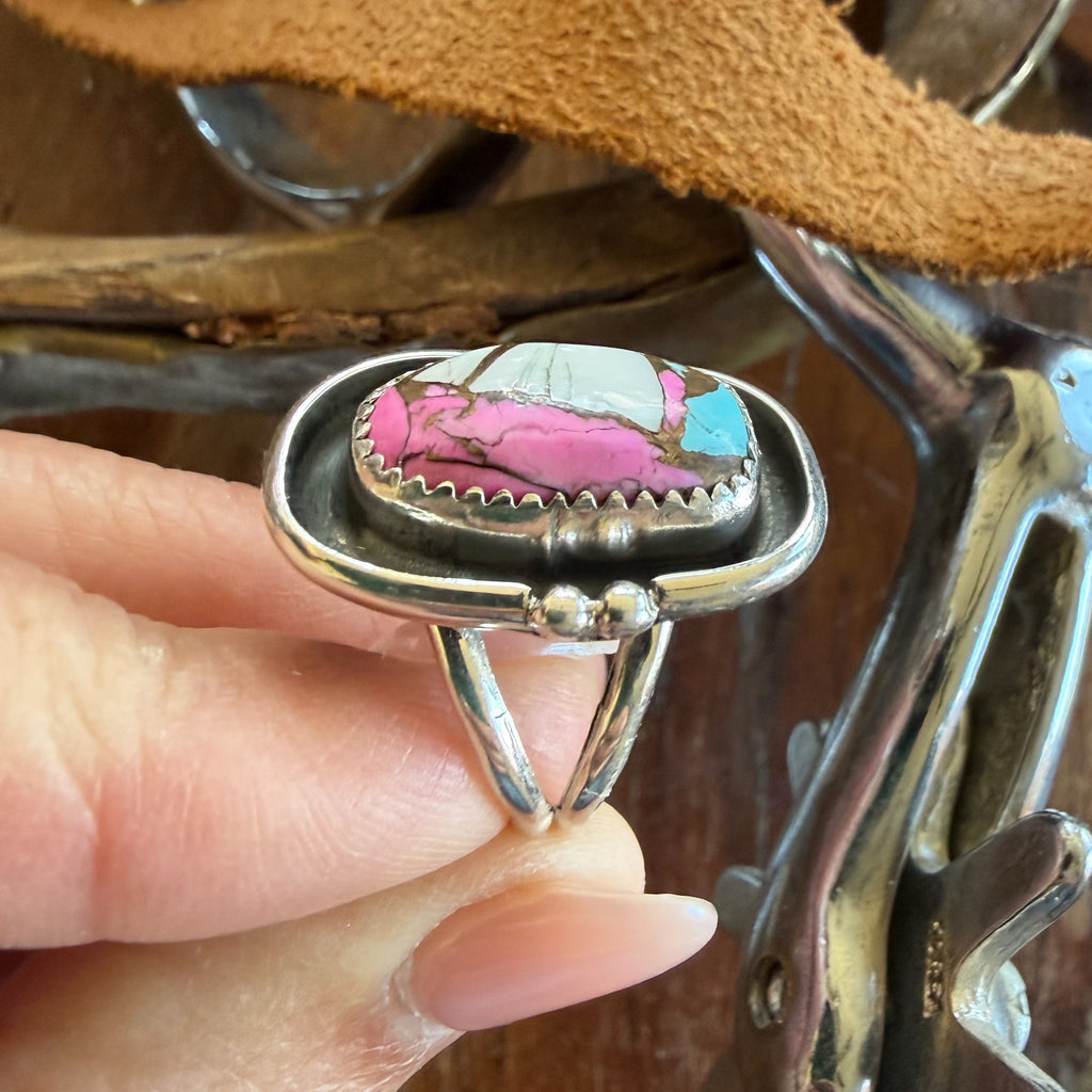 Authentic Native American Handmade Sterling Silver and Cotton Candy Ring size 7 1/4
